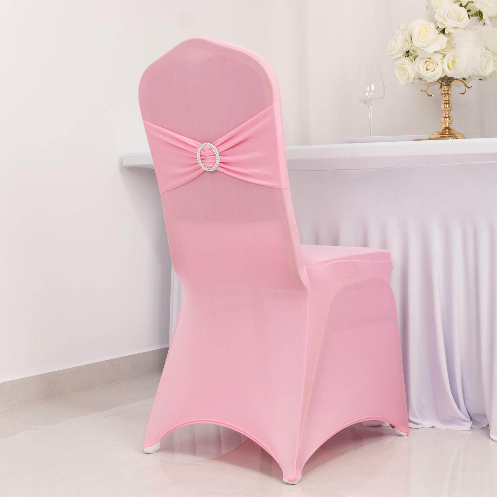 Spandex Chair Cover with Pink Rhinestone Buckled Sash Band Blush - Stretch Fitted Slipcover