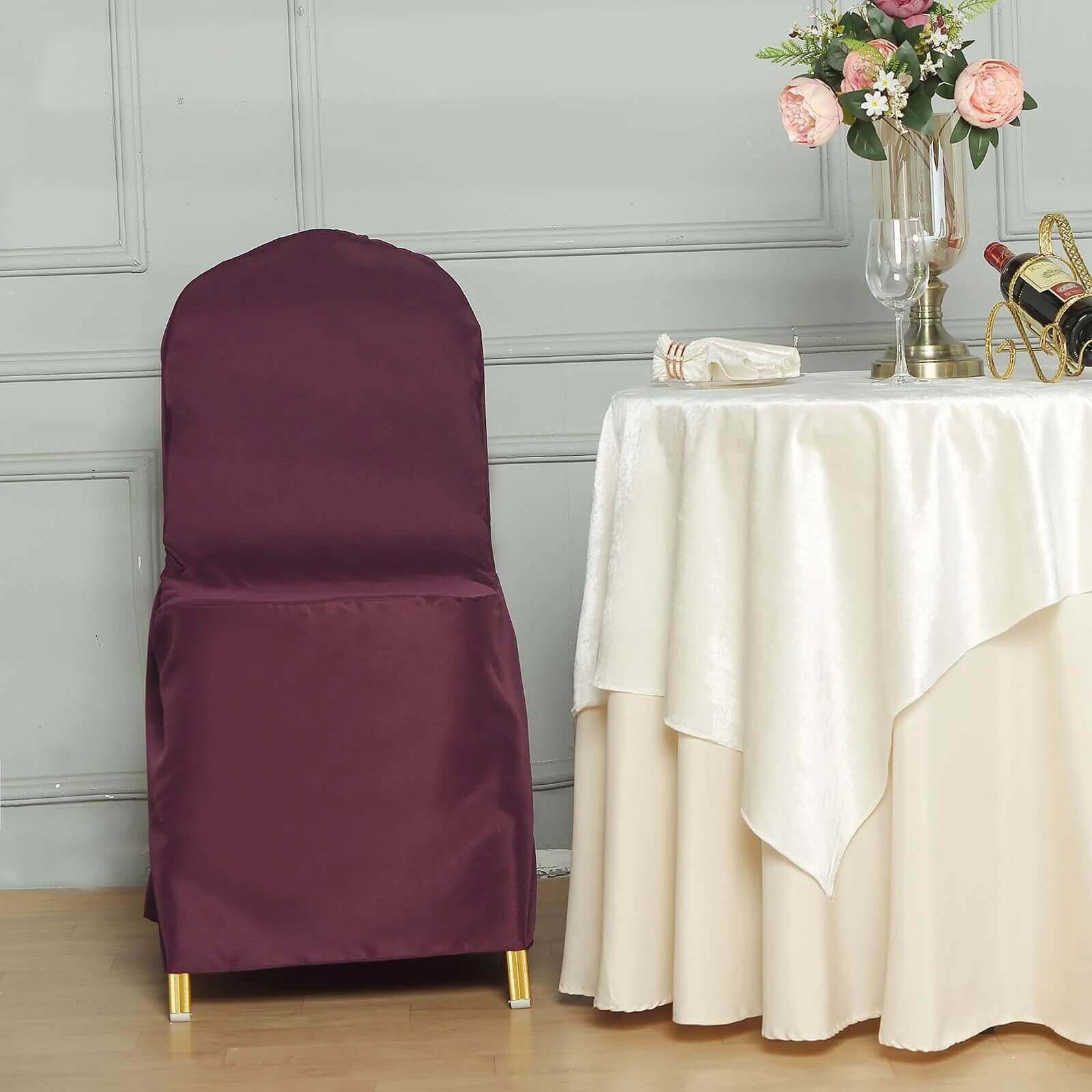 10 Pack Polyester Chair Cover for Banquet Chairs Burgundy - Stain-Resistant Reusable Slip-On Slipcover