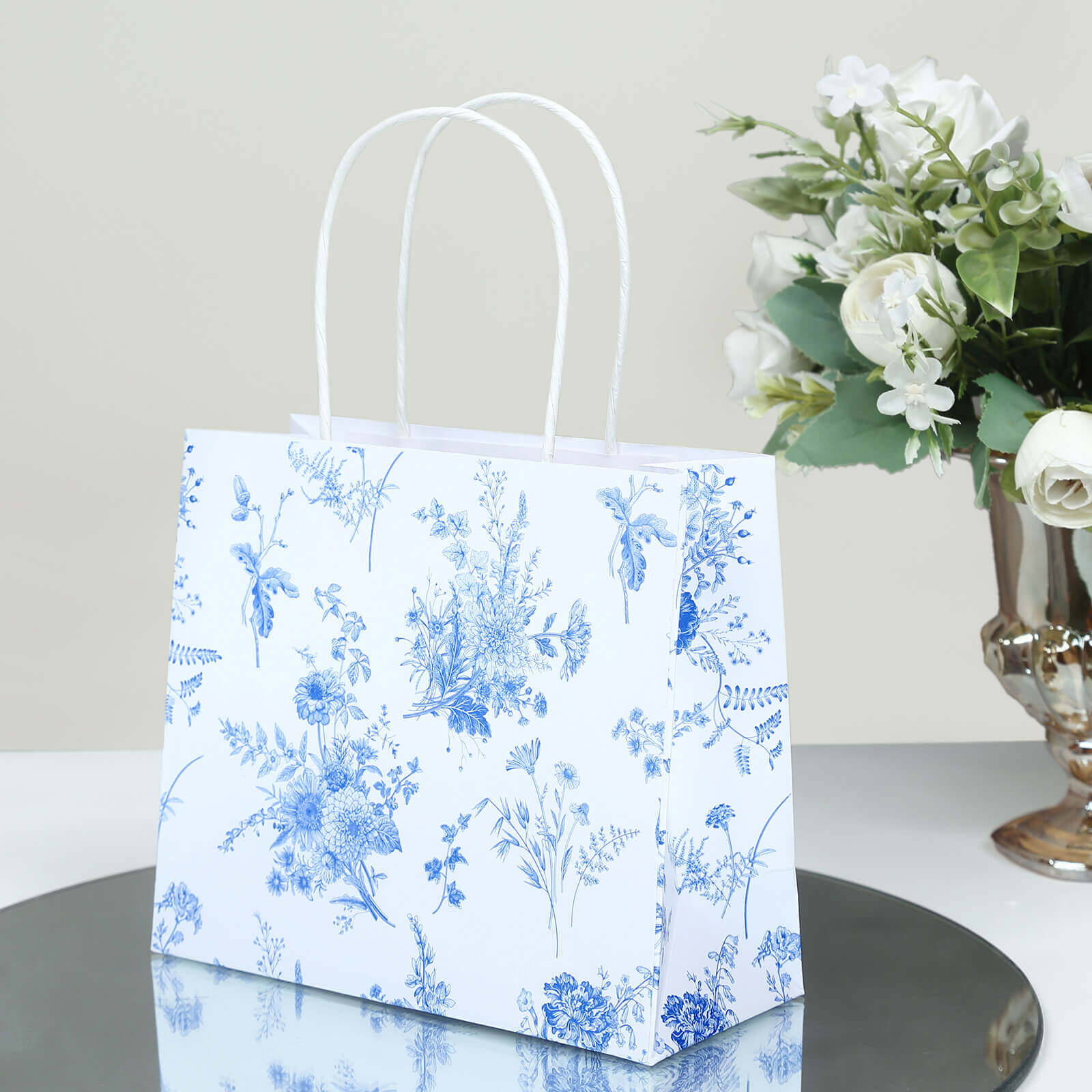 12 Pack White Blue Paper Gift Bags With Handles in French Toile Pattern, Party Favor Goodie Bags - 6x7