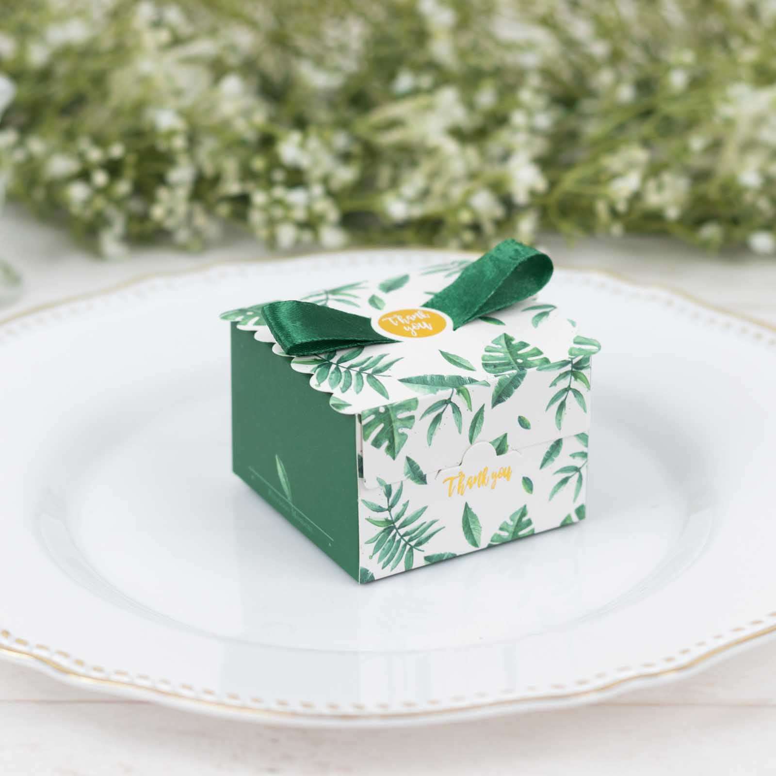 25 Pack Green Monstera Leaf Print Candy Gift Boxes with Satin Ribbon Bow, Thank You Cardstock Paper Party Favor Boxes - 2.5x2.5x2