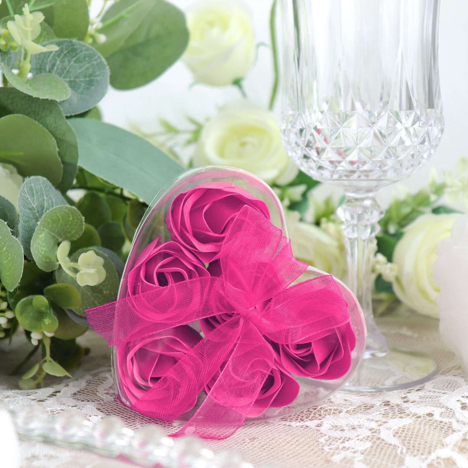 4 Pack 24 Pcs Fuchsia Scented Rose Soap Heart Shaped Party Favors With Gift Boxes And Ribbon