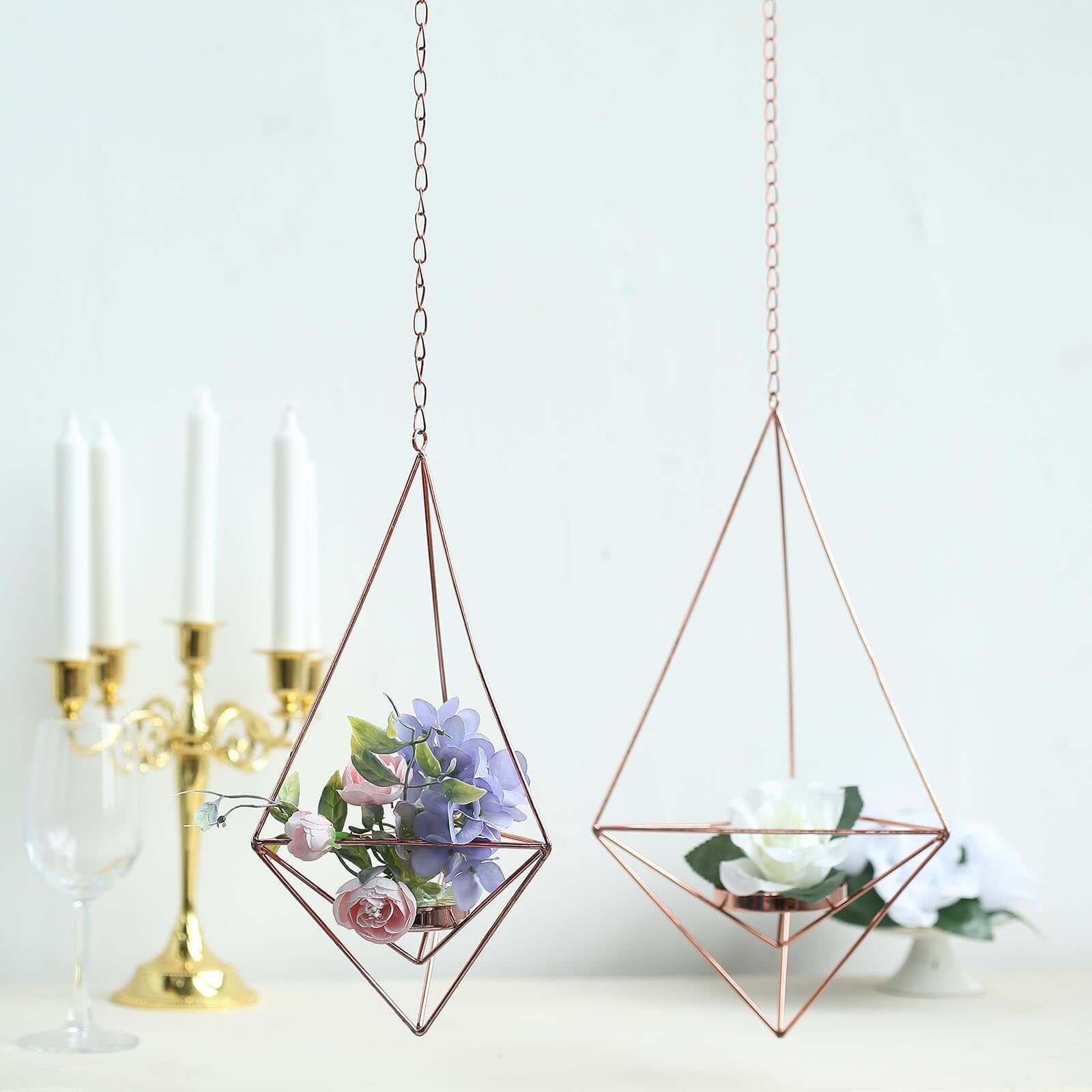 Set of 2 Hanging Tealight Candle Holders Rose Gold Metal Diamond Geometric Open Frame - Flower Terrariums 12, 15