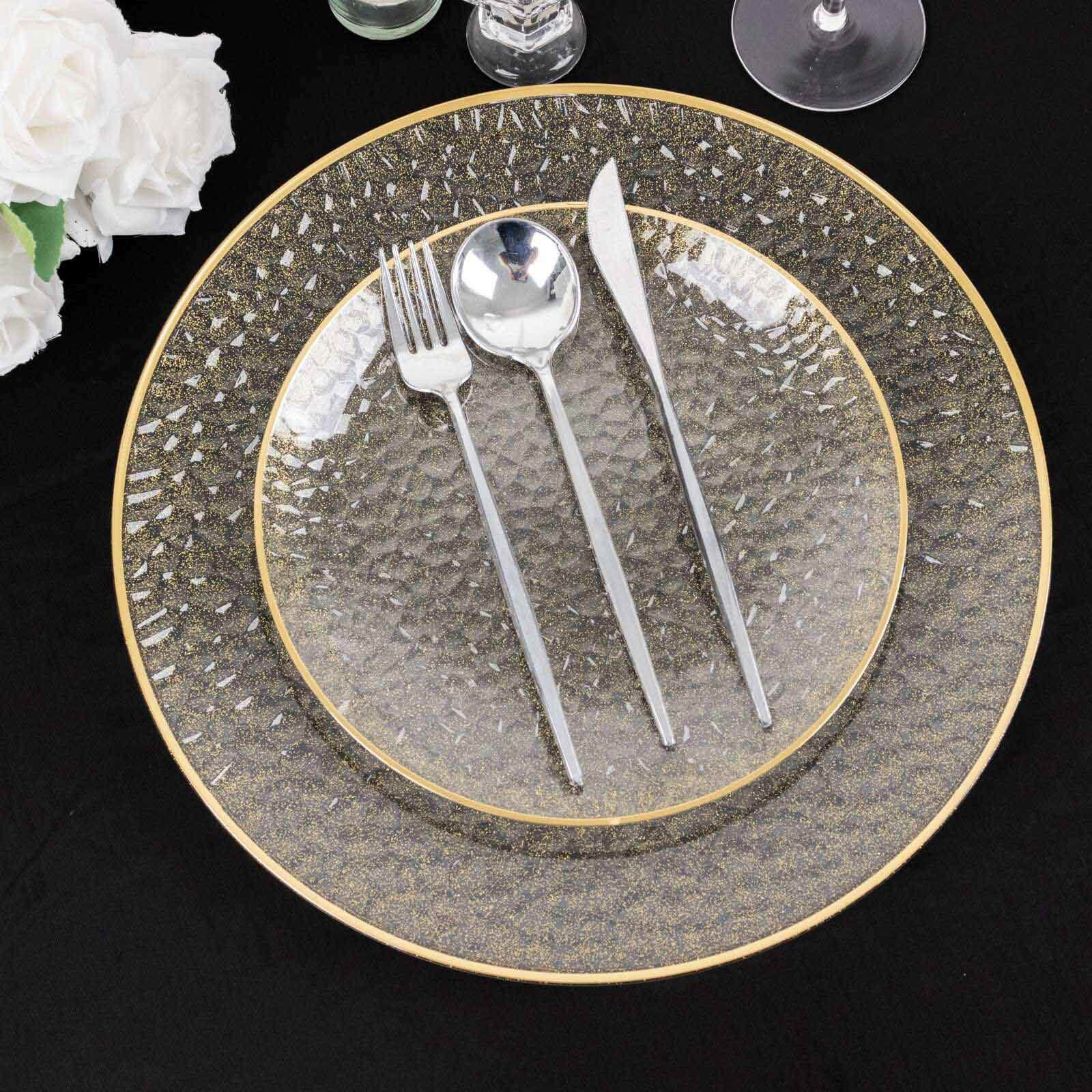 10-Pack Plastic 7 Round Dessert Appetizer Plates in Clear Gold Glittered Hammered Design with Gold Rim - Modern Disposable Salad Plates for Events & Banquets