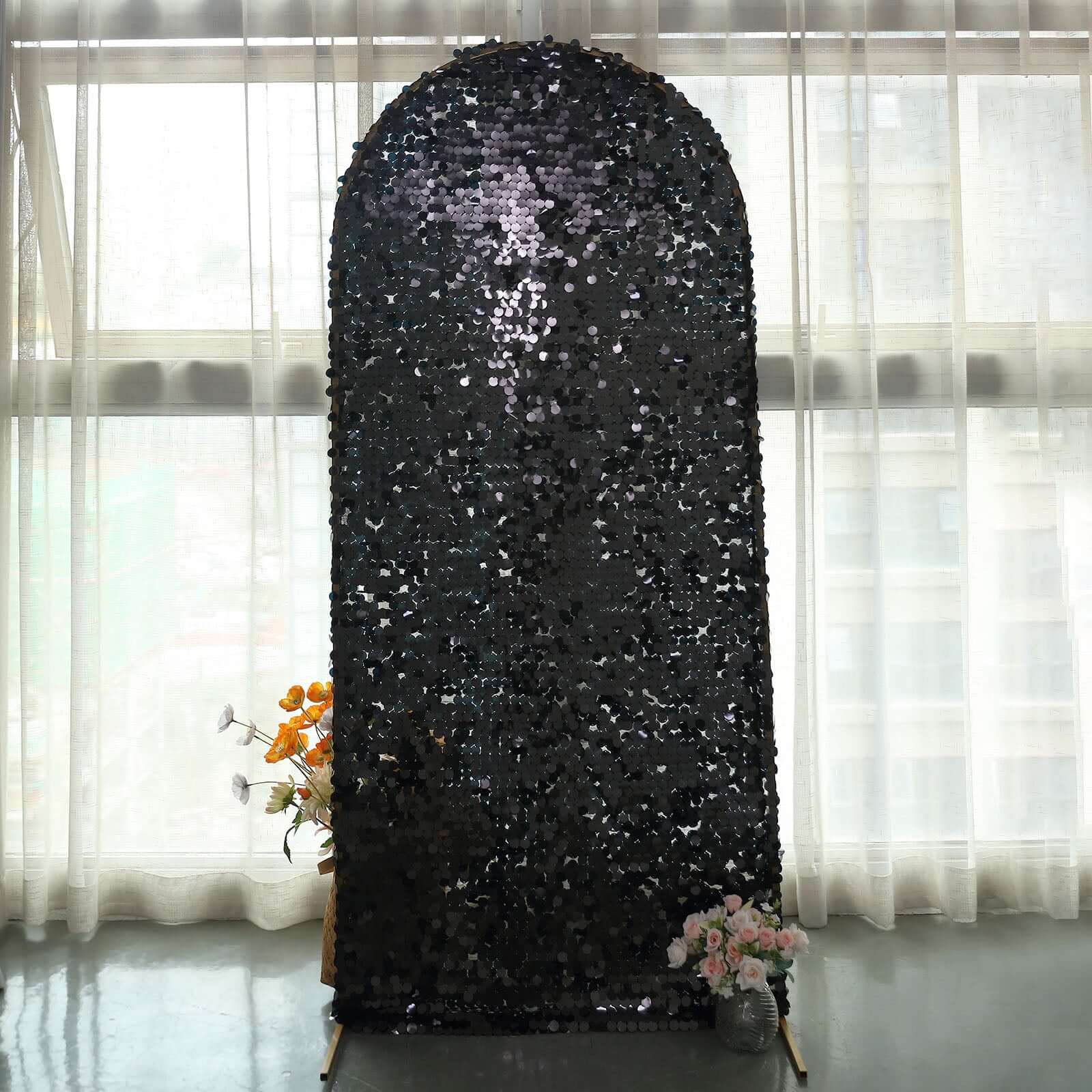 6ft Sparkly Black Double Sided Big Payette Sequin Chiara Backdrop Stand Cover For Fitted Round Top Wedding Arch