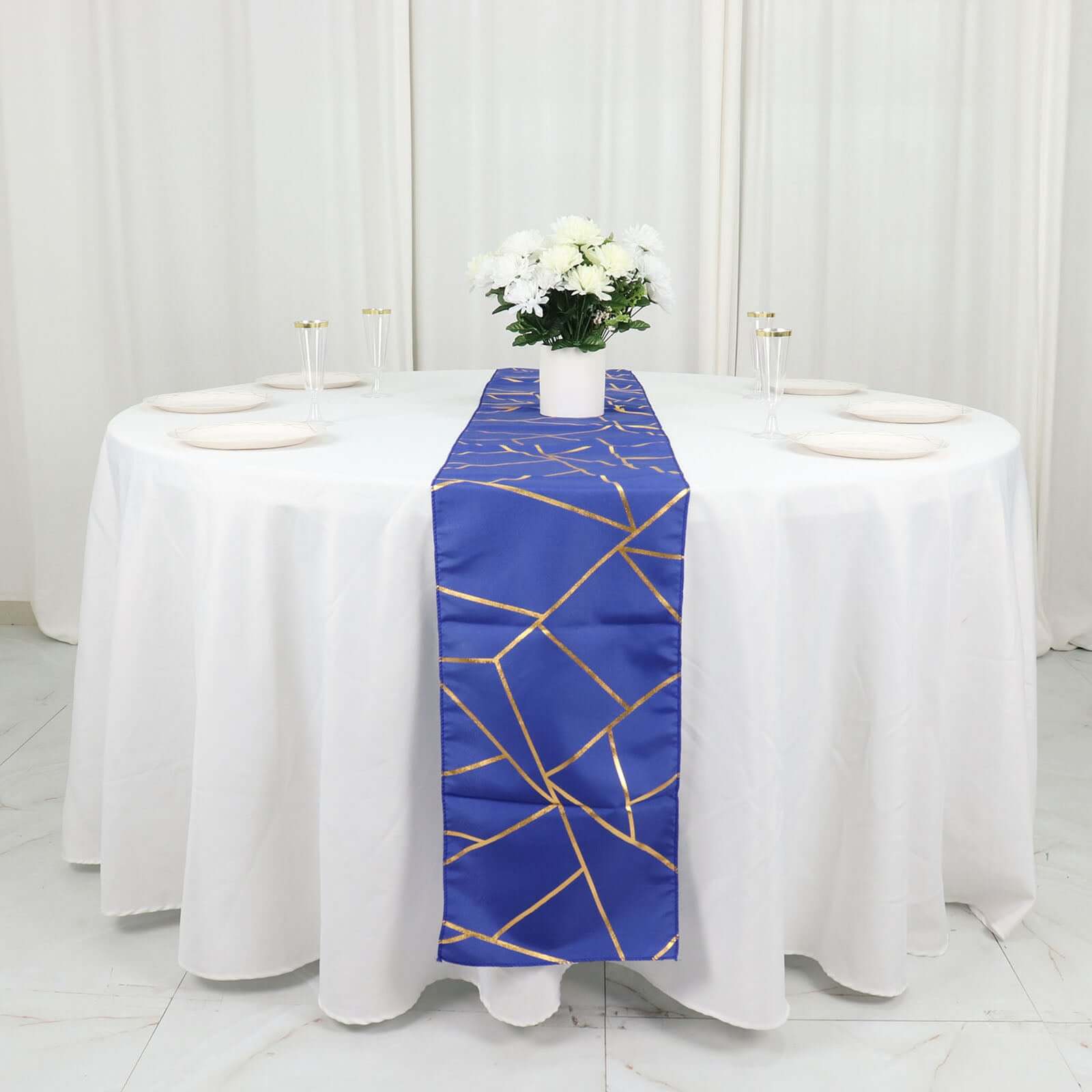 Polyester 9ft Table Runner Royal Blue with Gold Foil Modern Geometric Accent