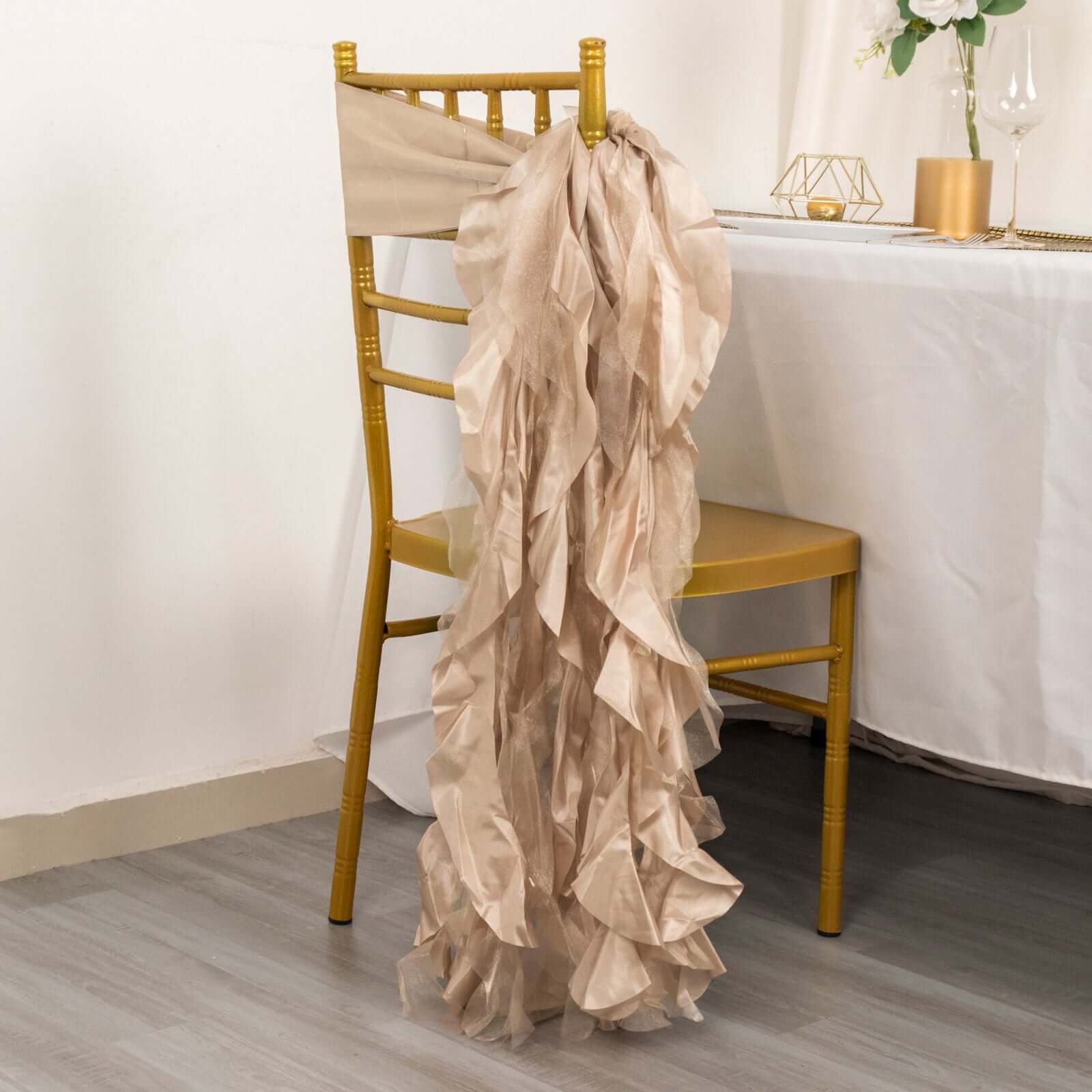 5 Pack Chiffon Satin Chair Sashes Nude - Easy to Install Ruffled Curly Willow