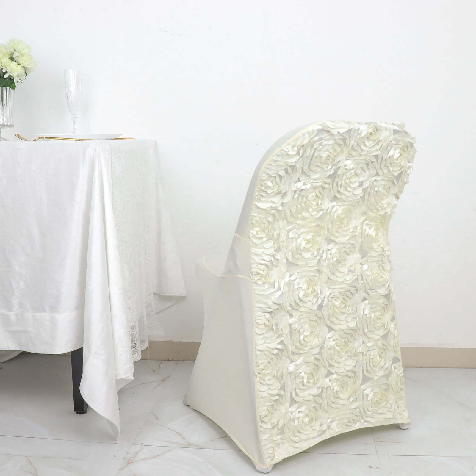 Spandex Chair Cover Ivory for Folding Chairs - Durable Stretch Fitted Slipcover with Satin Rosette Design