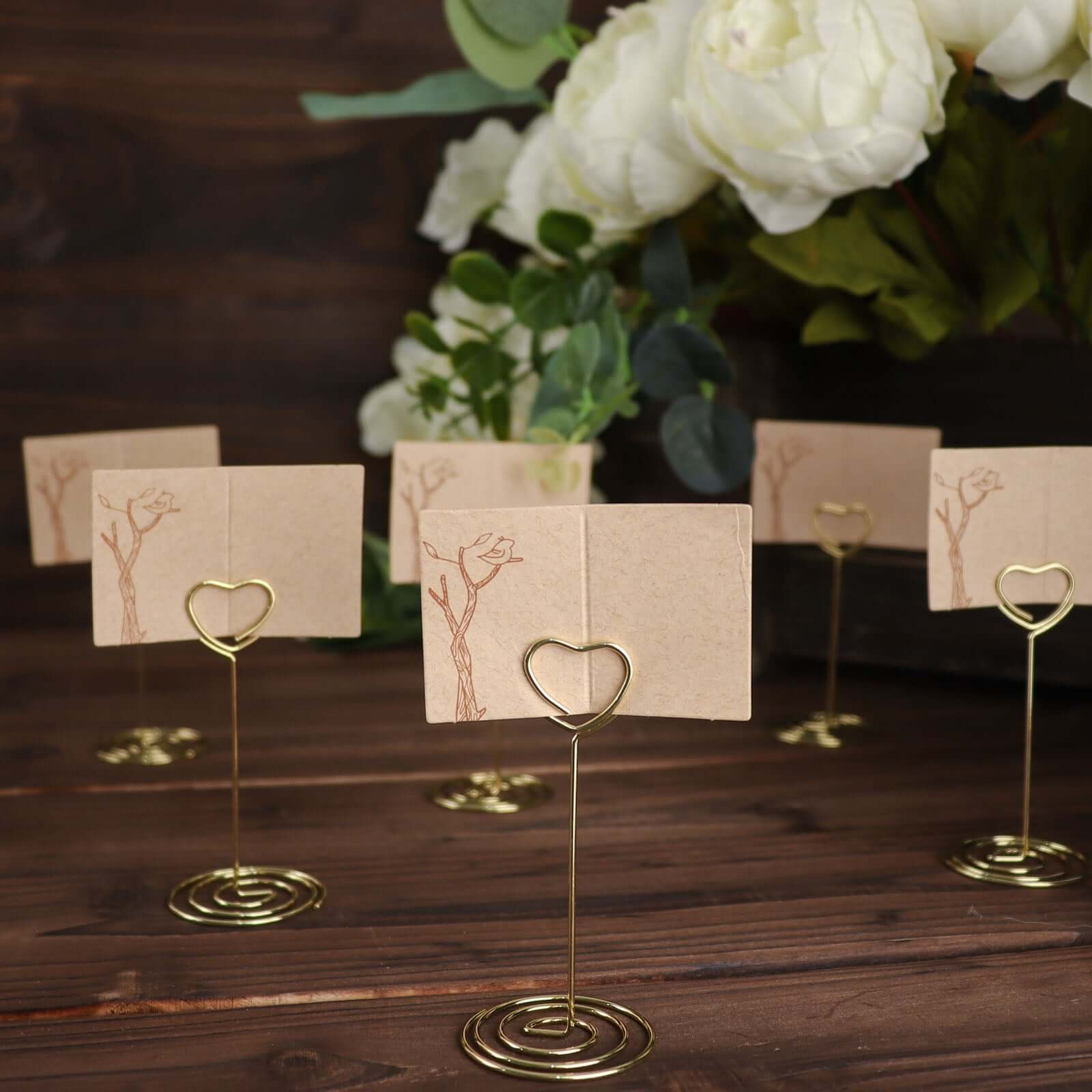 10-Pack Metal Card Holder Stands Heart Design Gold - Table Number Stands and Wedding Place Card Menu Clips 3.5