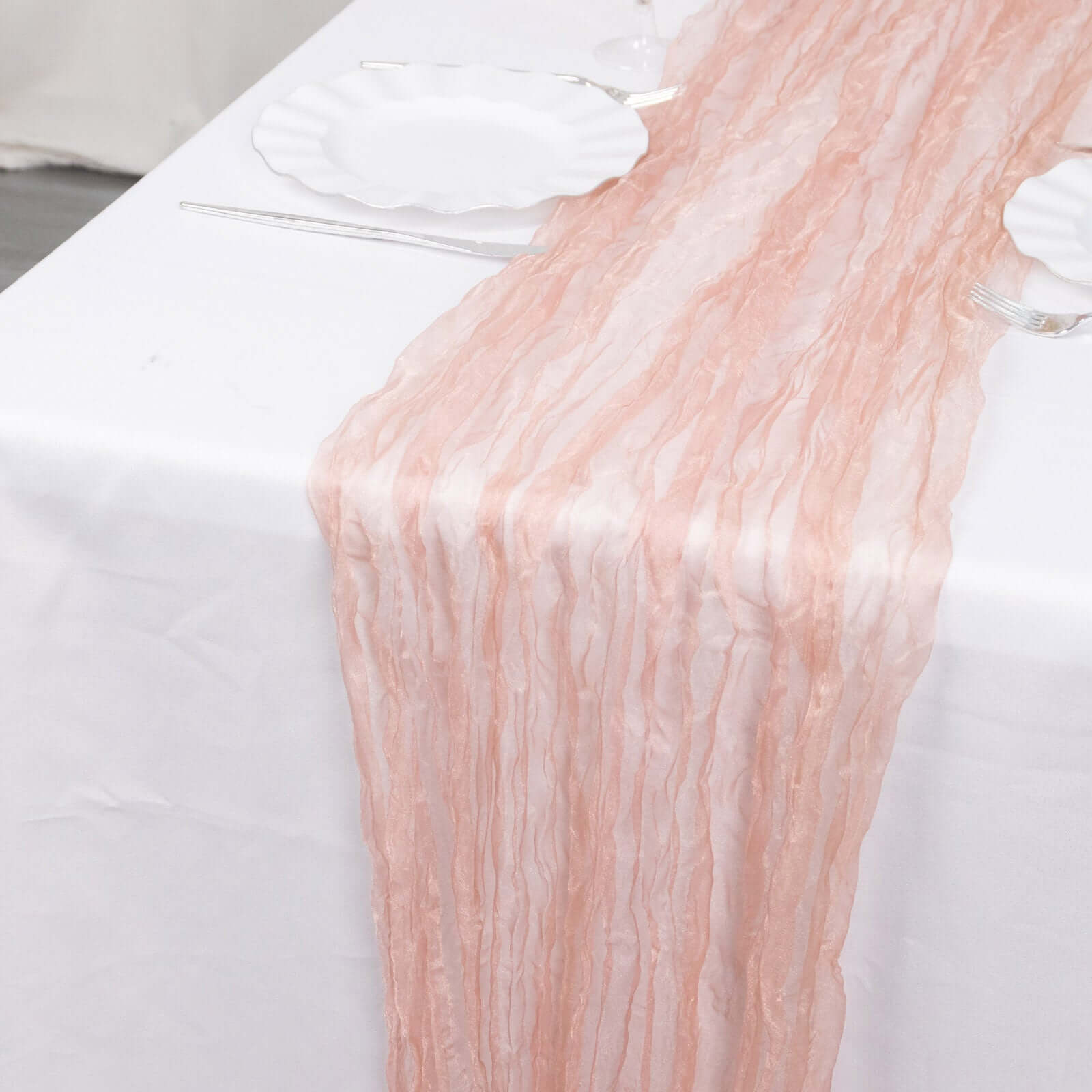 Sheer Crinkled Organza 9ft Table Runner Dusty Rose - Rustic Chiffon Look