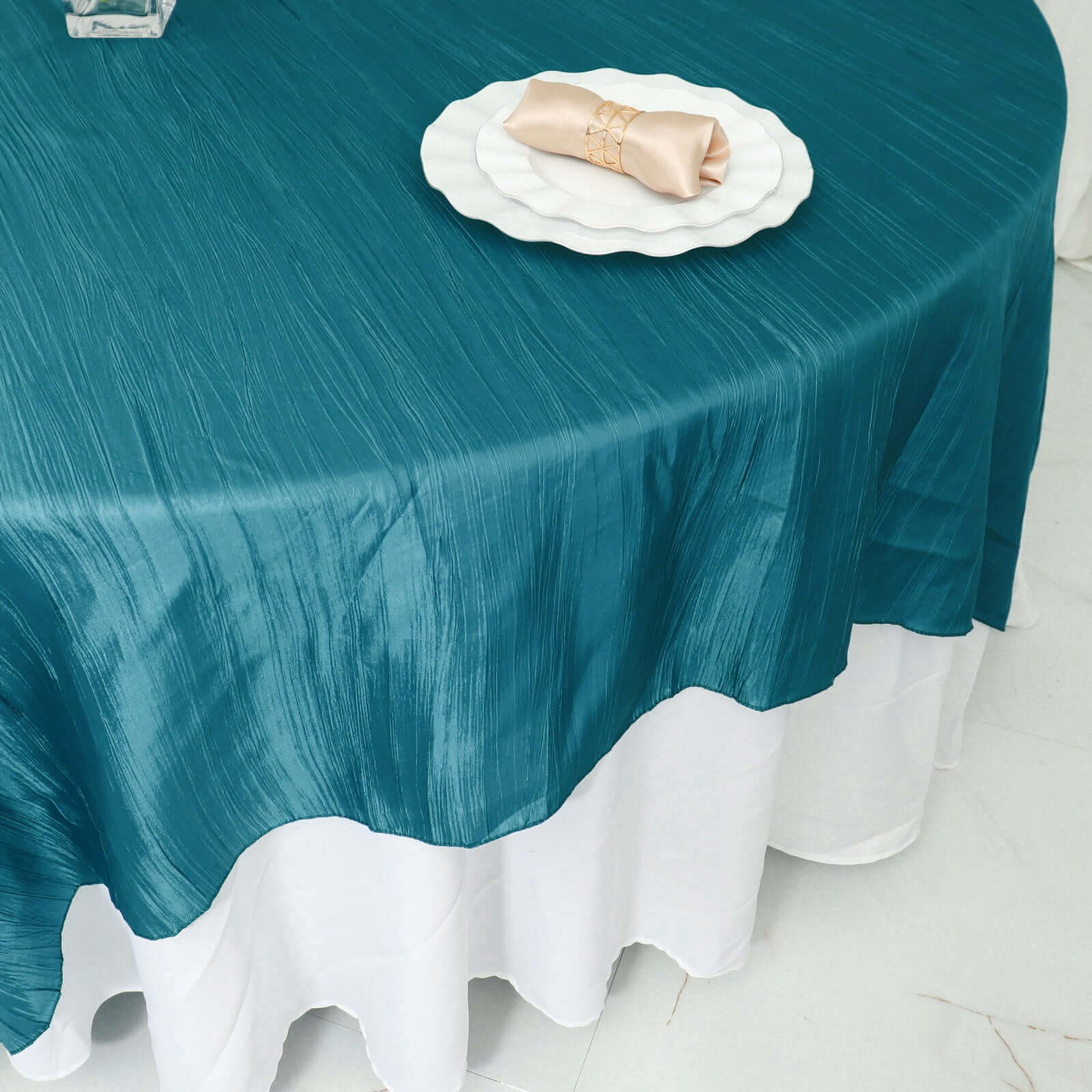 Taffeta 90x90 Table Overlay Square Tablecloth Peacock Teal - Accordion Crinkle Table Cover