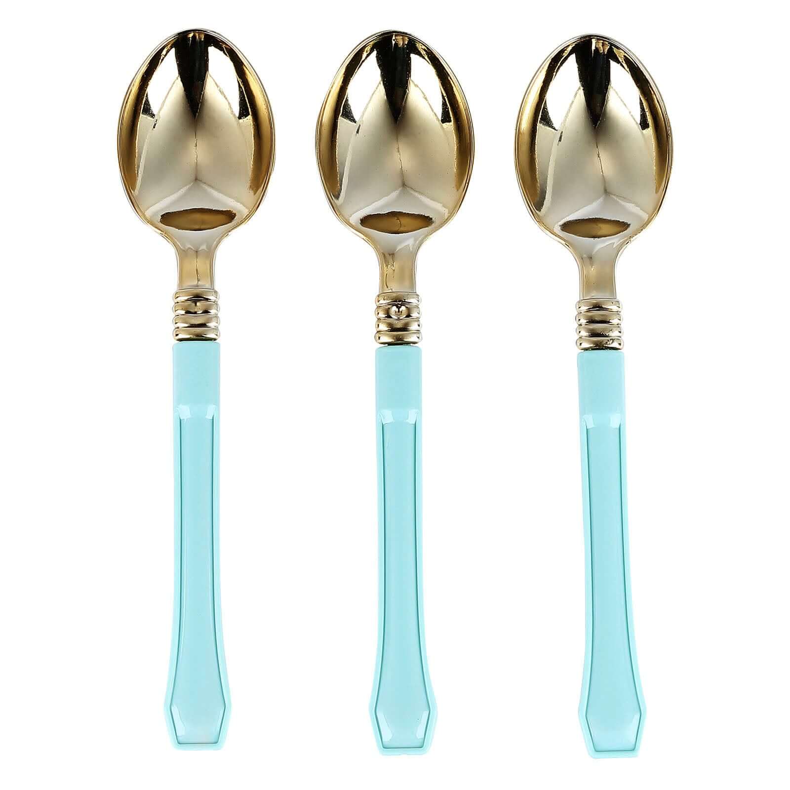 24-Pack Plastic Spoons with Light Blue Handle Gold - Heavy Duty Disposable Silverware 7