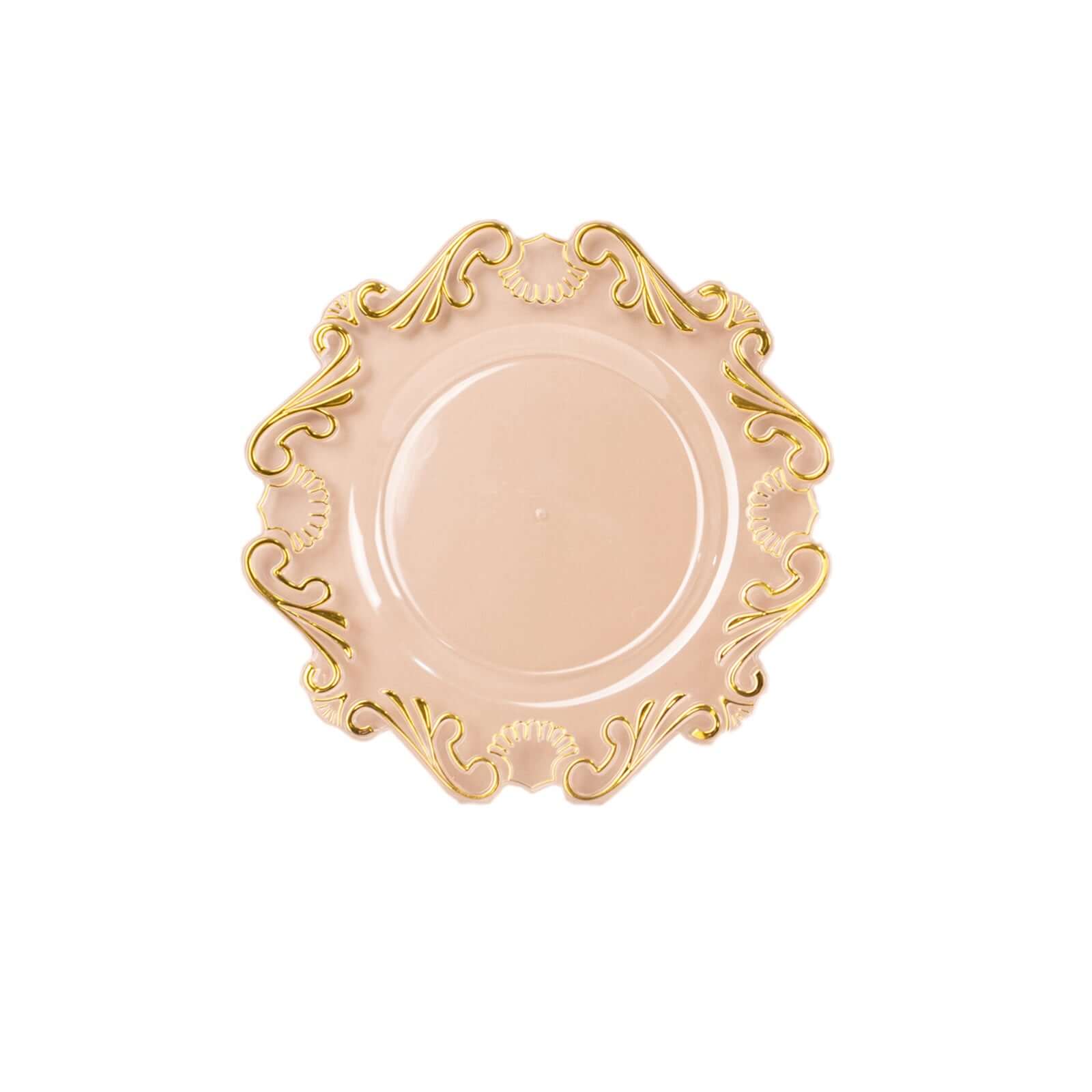 10-Pack Plastic 10 Round Dinner Plates in Clear with Gold Vintage Baroque Scalloped Rim - European Style Disposable Party Plates