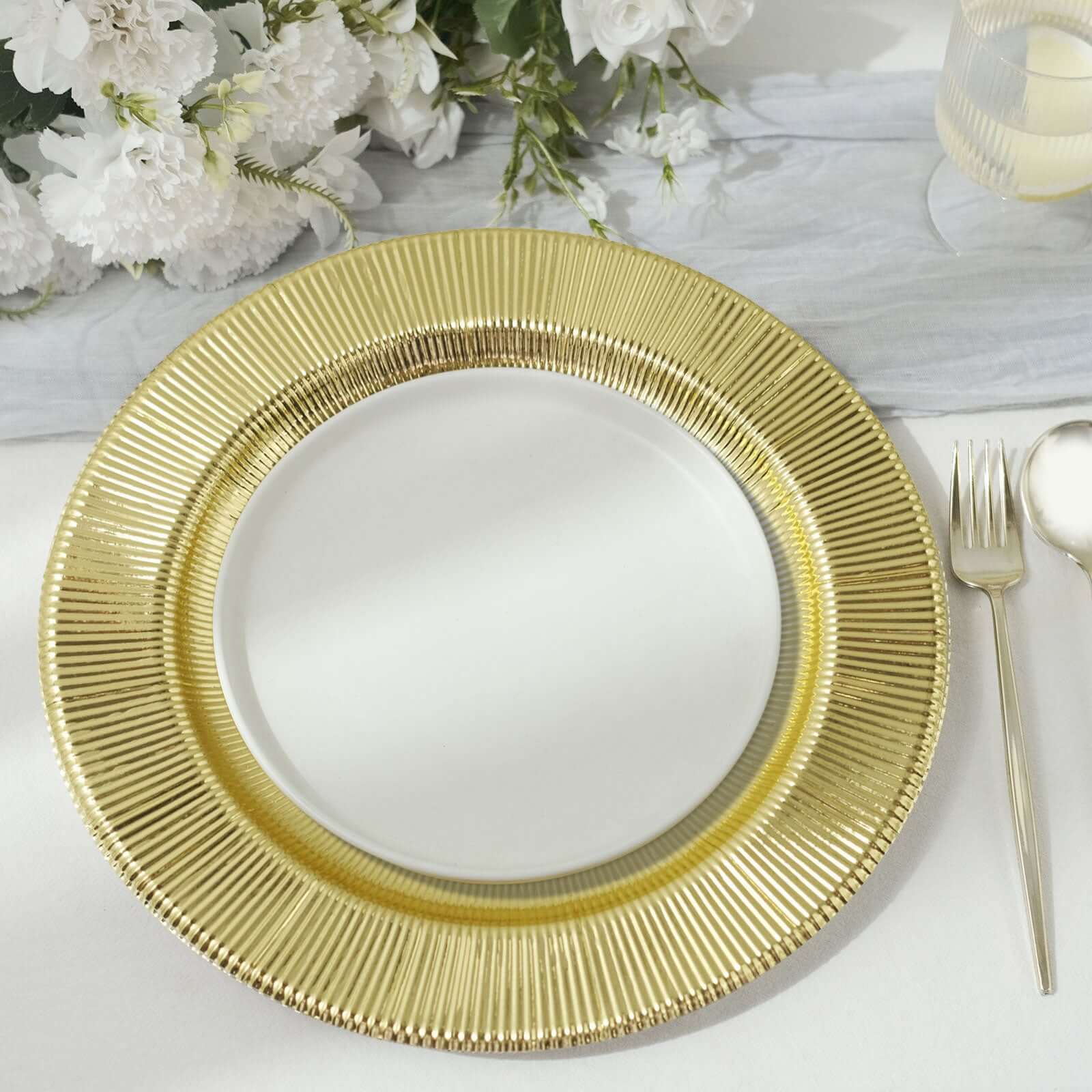 25-Pack Paper 10 Round Dinner Plates in Metallic Gold Sunray Design - Disposable Heavy Duty 350GSM Party Plates