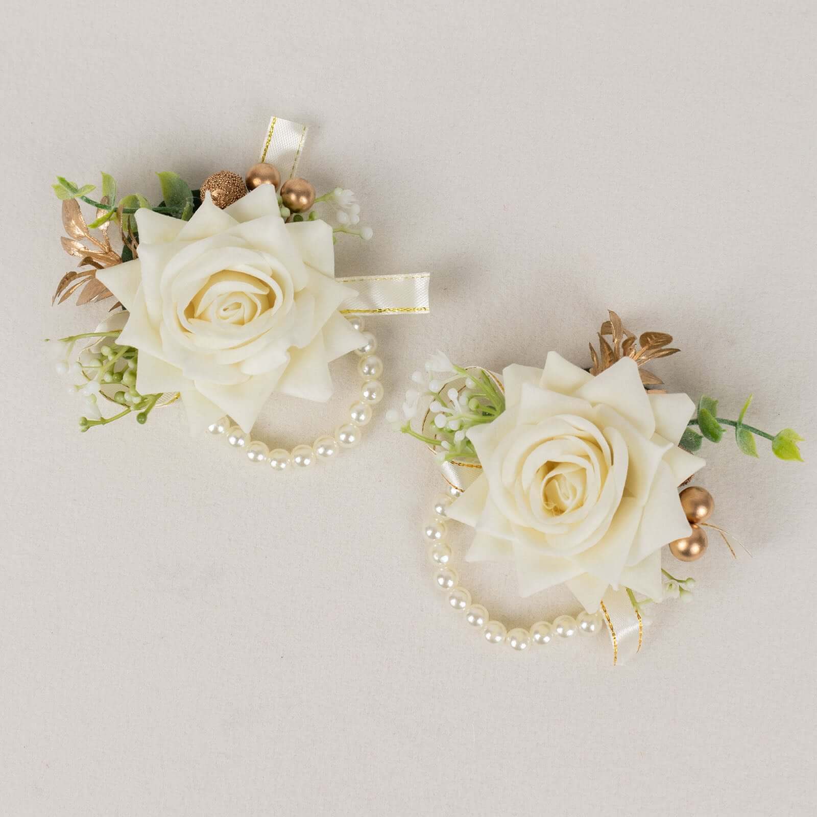 2 Pack White Artificial Rose Wrist Corsages With Pearls, 4 Flower Bracelet Wedding Accessories