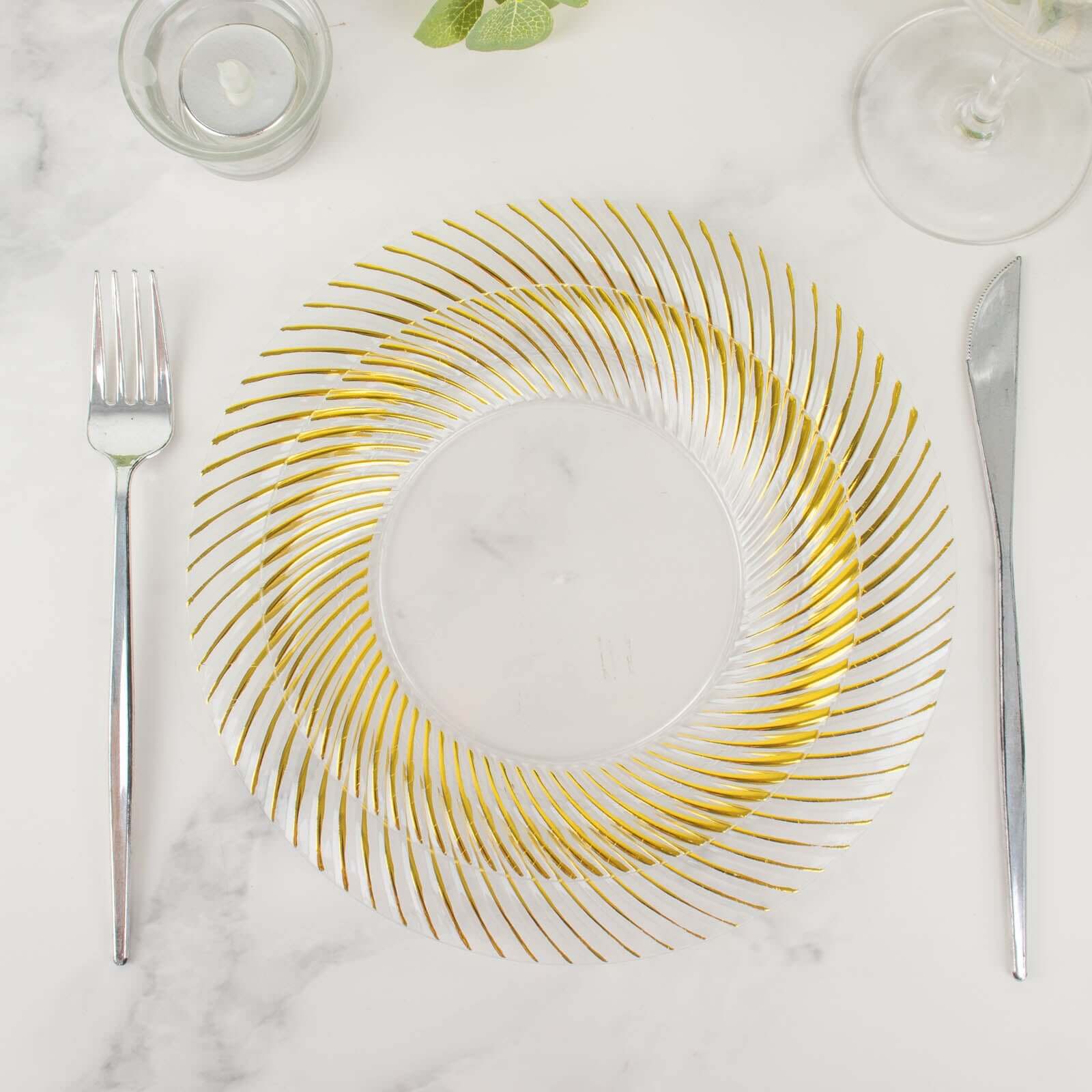 10-Pack Plastic 7 Round Dessert Plates in Clear with Gold Swirl Rim - Disposable Salad Plates