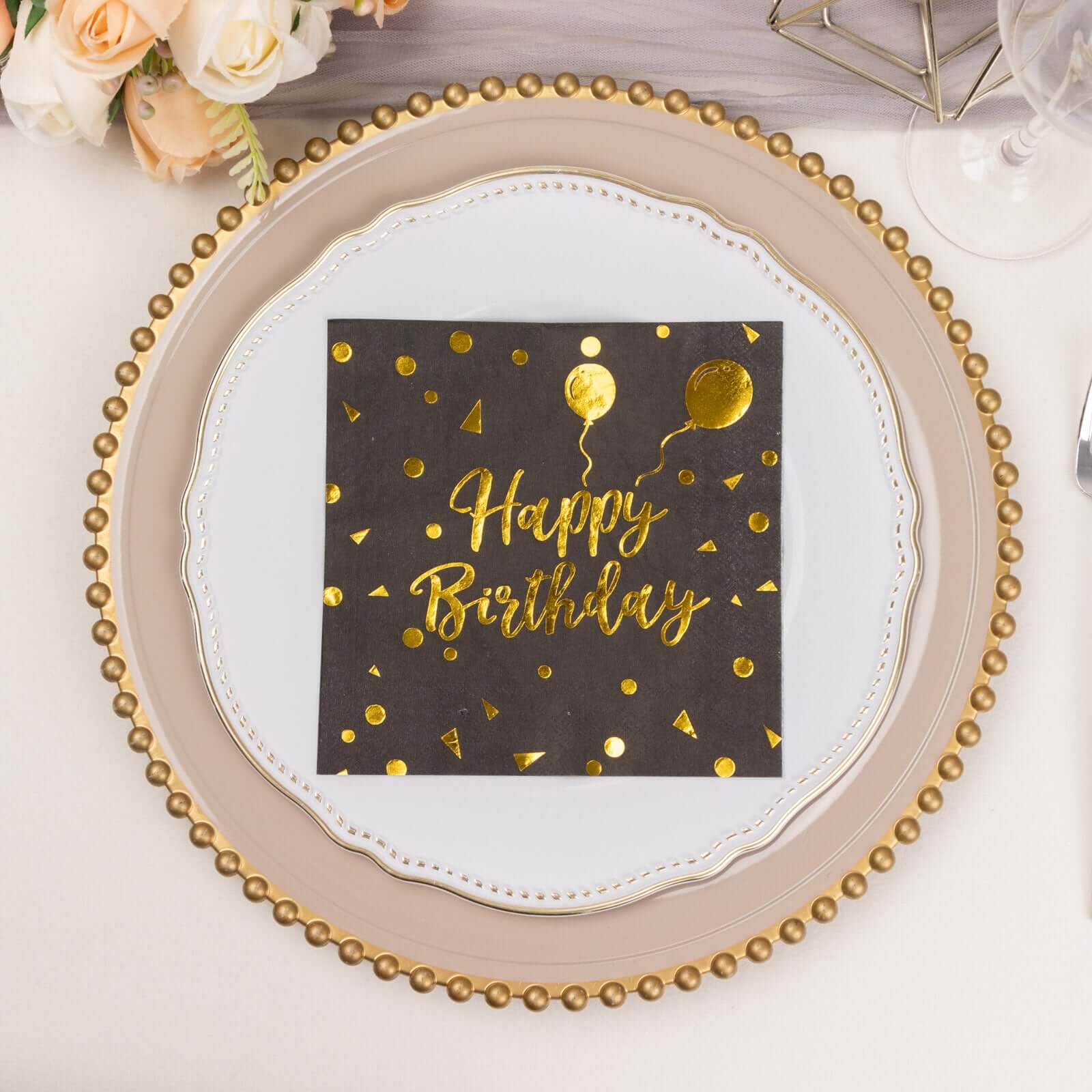 20-Pack Paper Beverage Napkins with Happy Birthday Foil Print Black/Gold - 2 Ply Disposable 18GSM Soft Party Napkins 6.5x6.5
