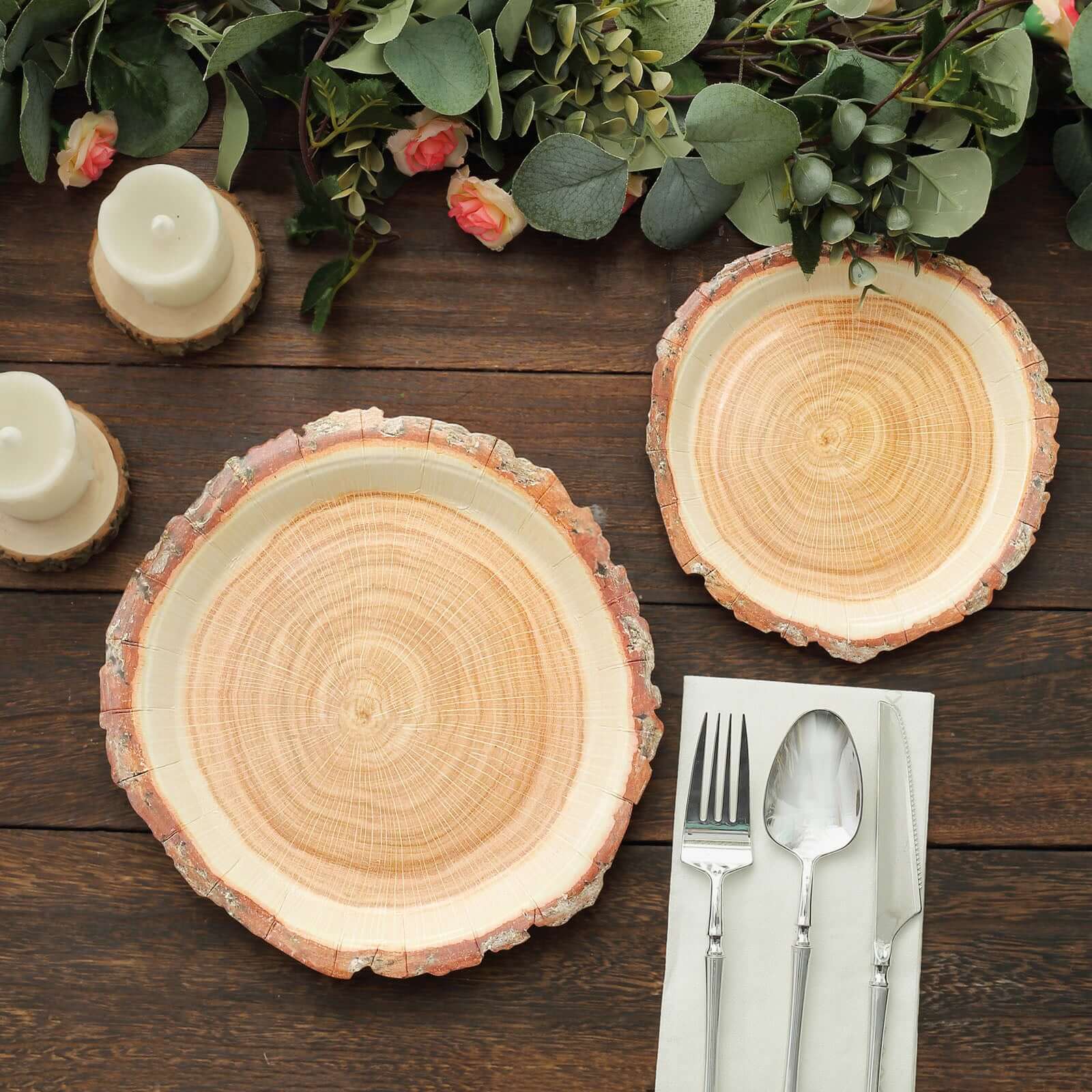 25-Pack Paper 10 Round Dinner Plates in Natural Wood Slice Print - Rustic & Nature-Inspired Disposable Party Plates