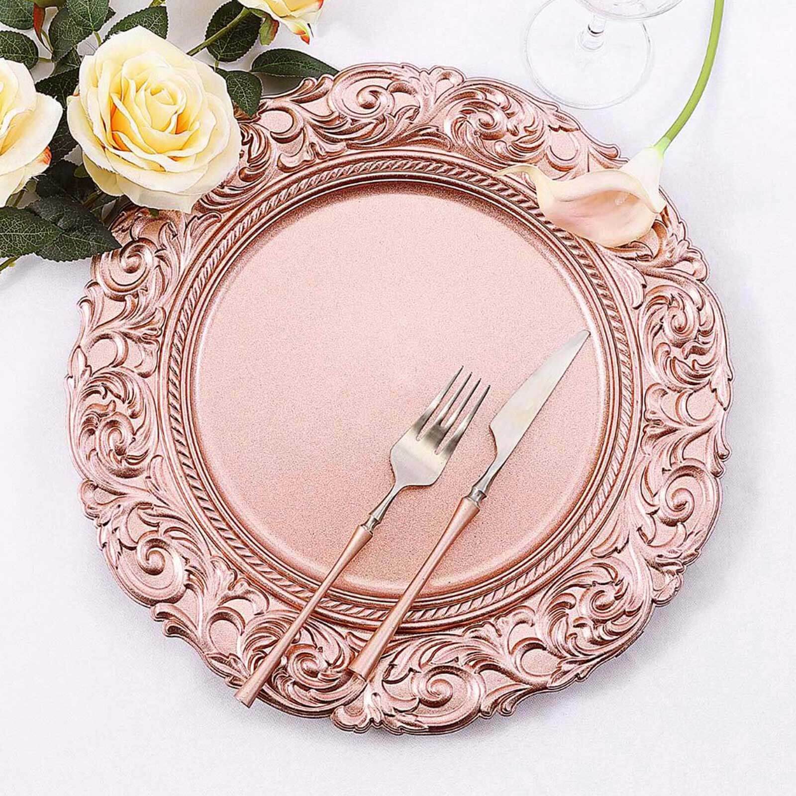 6-Pack Acrylic Round Charger Plates 14 in Rose Gold with Engraved Baroque Rim, Vintage Disposable Decorative Chargers