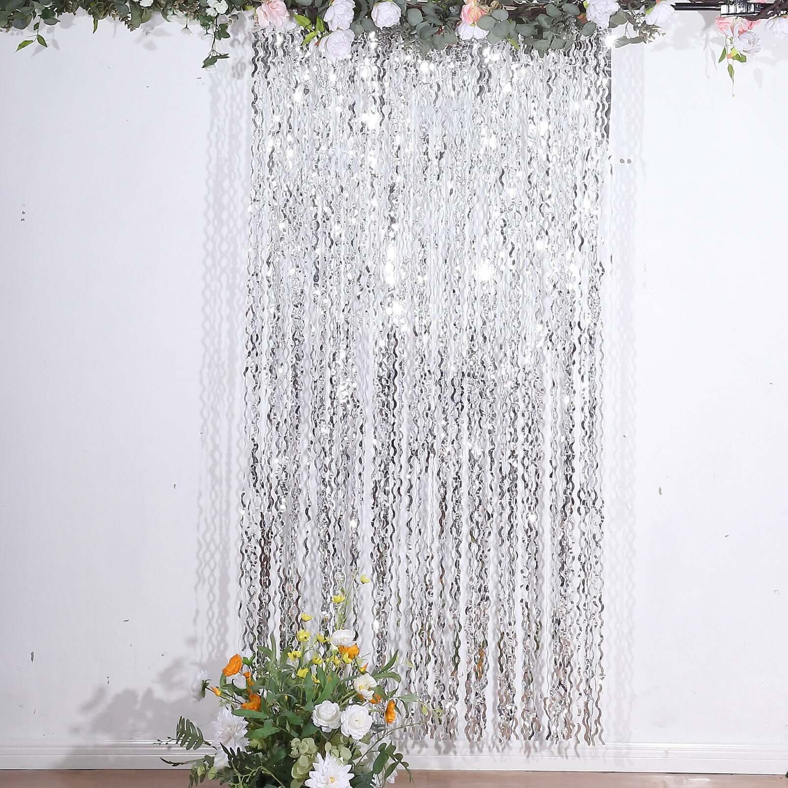 Metallic Silver Wavy Foil Fringe Party Backdrop, Curly Tinsel Streamer Photo Booth Curtain - 3ftx6ft