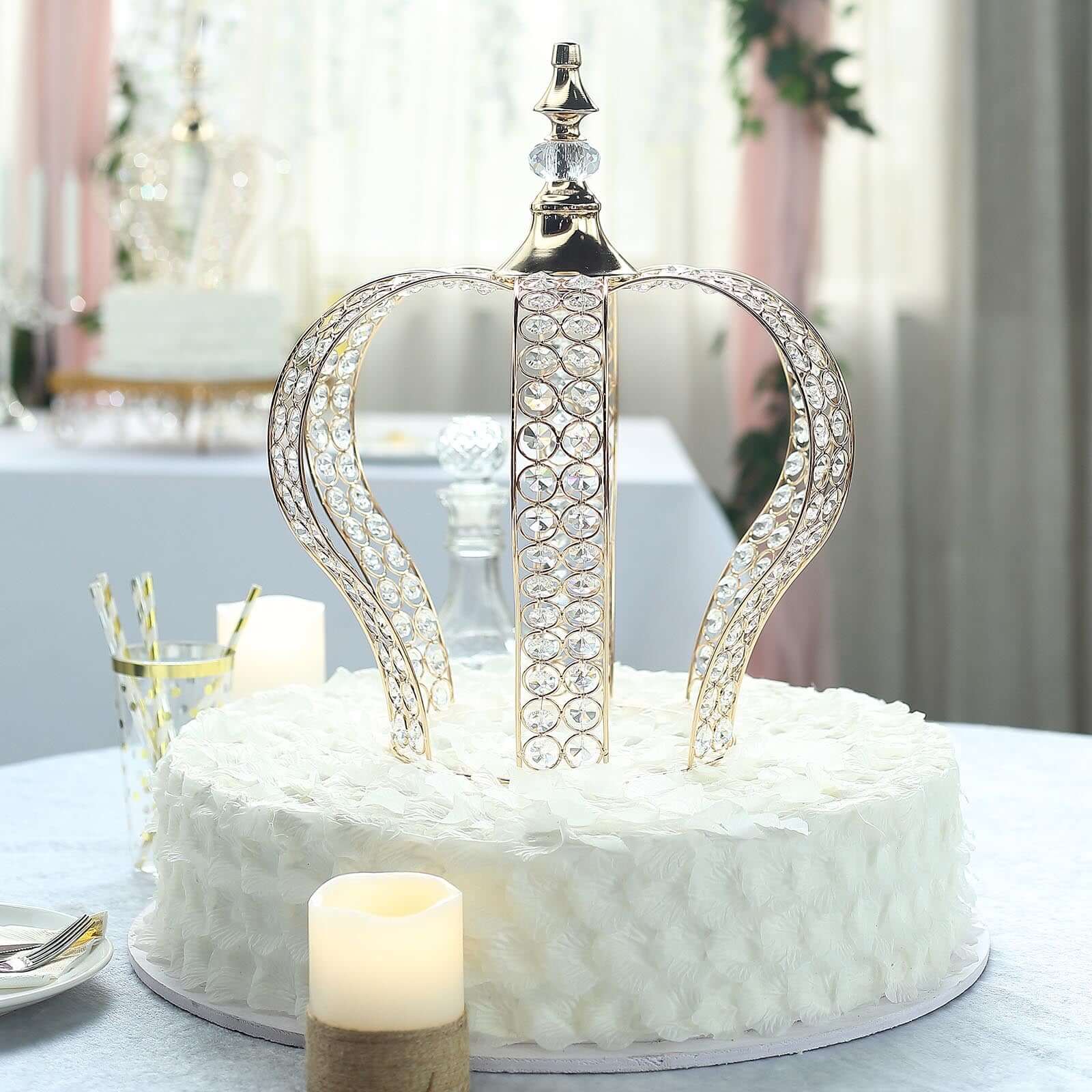 Crystal-Bead Royal Crown Cake Topper Metallic Gold - Graceful Cake Centerpiece Decor for Royal-Themed Baby Showers Sweet 16 Cakes & Event Centerpieces 16