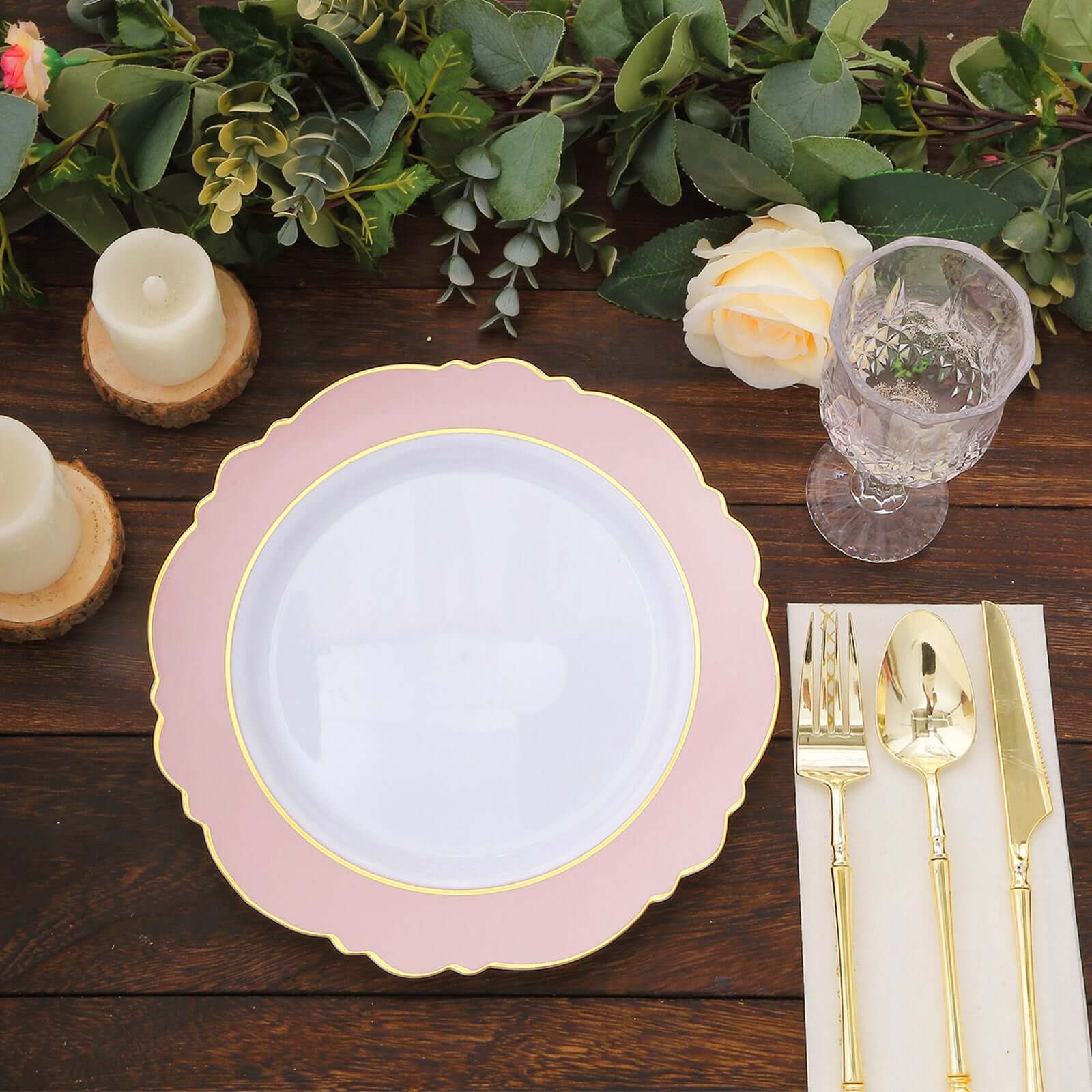 10-Pack Plastic 10 Round Dinner Plates in White with Blush Blossom Design & Gold Edging - Disposable Party Plates