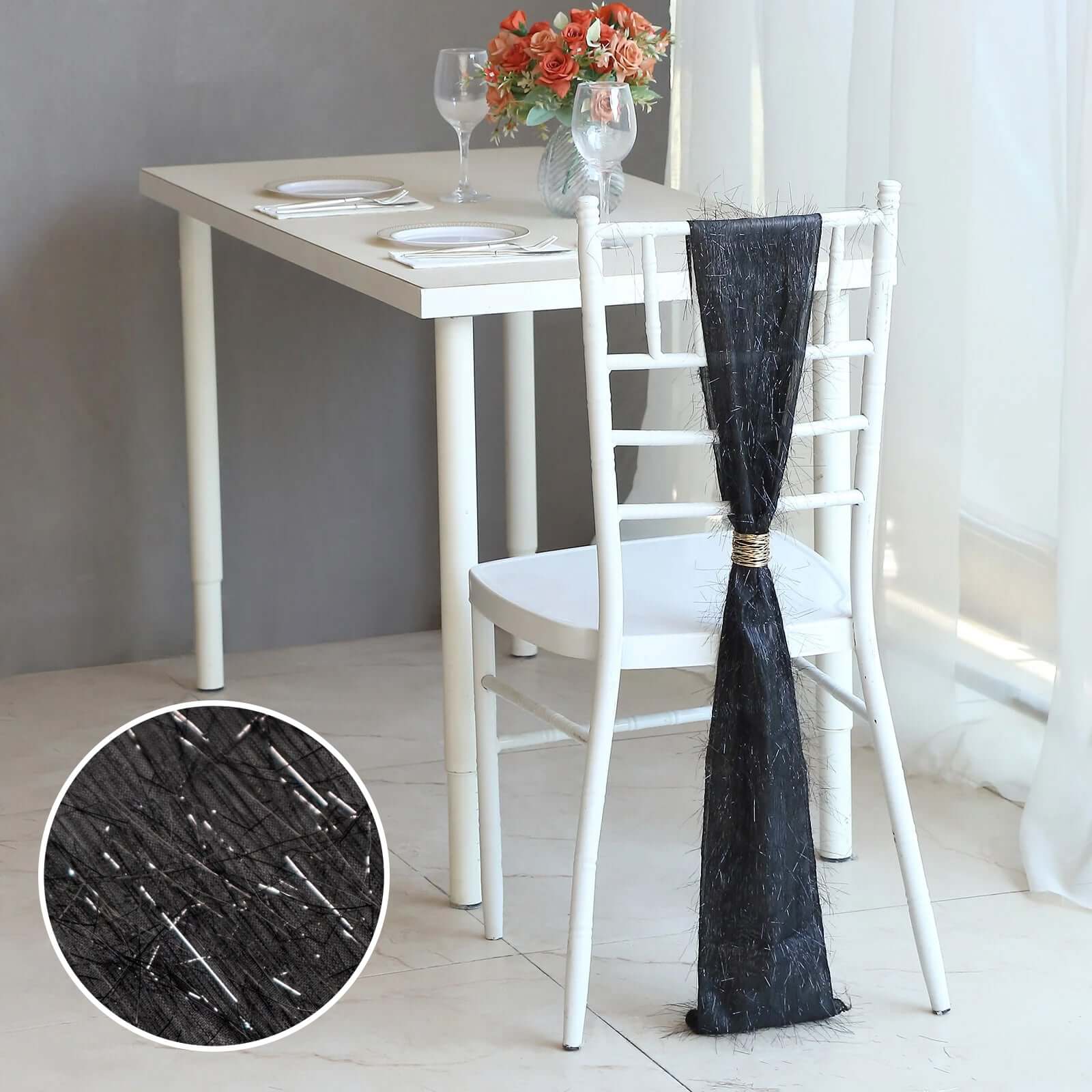 5 Pack Polyester Chair Sashes Black Metallic Tinsel Fringe - Easy to Use Chair Bows 6x108