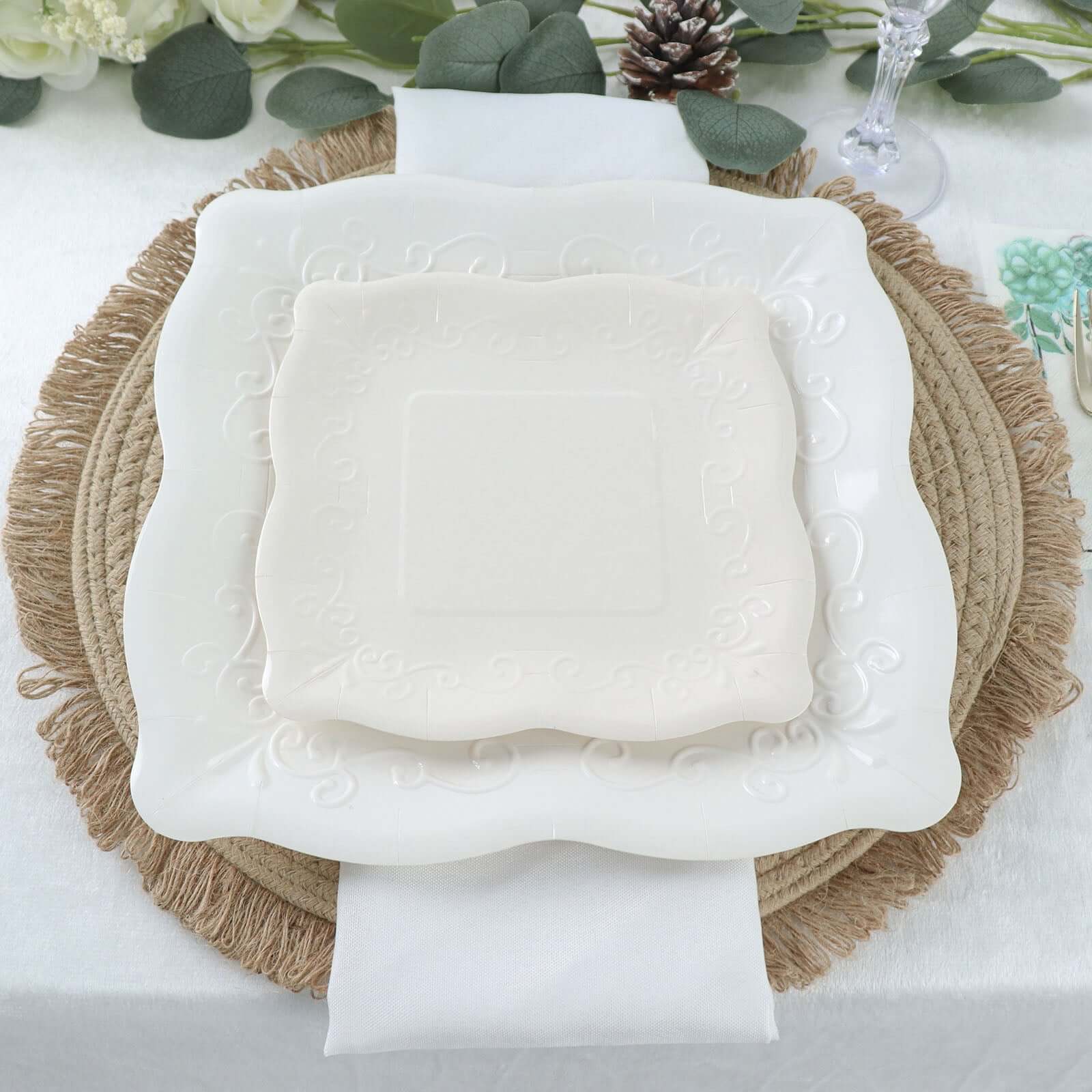 25-Pack Paper 11 Square Dinner Plates in White with Vintage Pottery Embossed Design - Shiny Disposable Serving Plates