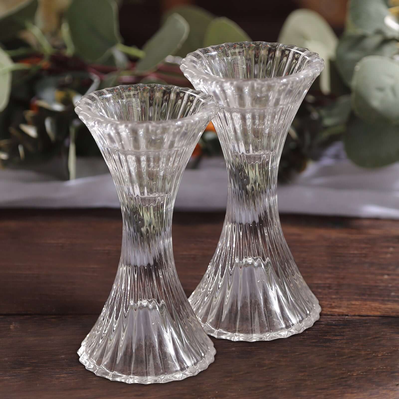 2-Pack Crystal Pillar Candlestick Stands Hour Glass Design with Diagonal Stripes Clear - Reversible Taper Holders 5