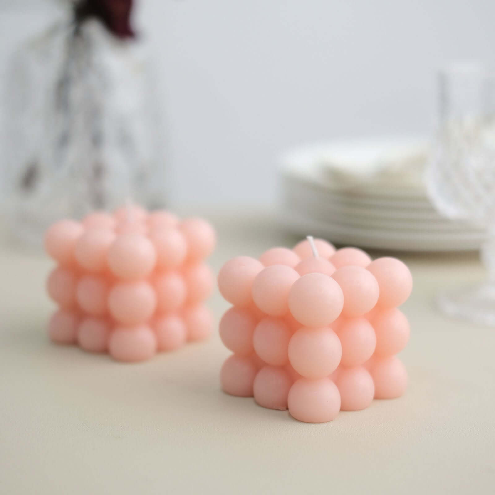 2-Pack Decorative Paraffin Wax Candles Bubble Cube Design Blush - Unscented Long Burning Pillar Candle Set 2