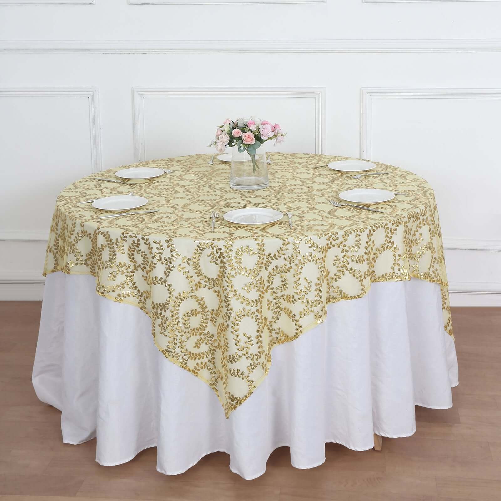 Tulle 72x72 Table Overlay Square Tablecloth Gold - Sequin Leaf Embroidered Design for Stylish Occasions