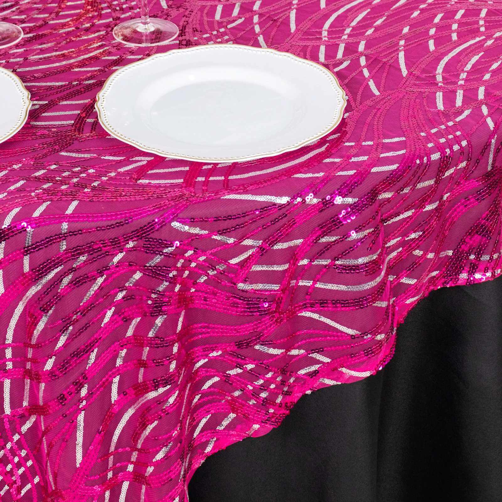 Mesh 72x72 Table Overlay Square Tablecloth Fuchsia Silver - Wave Embroidered Sequins Table Topper