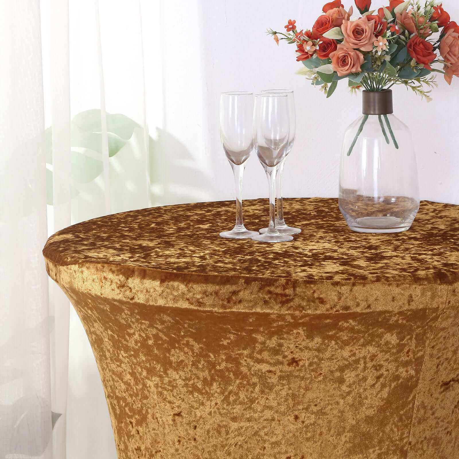 Crushed Velvet Spandex 32 Round Cocktail Table Cover Gold Smooth Highboy Tablecloth