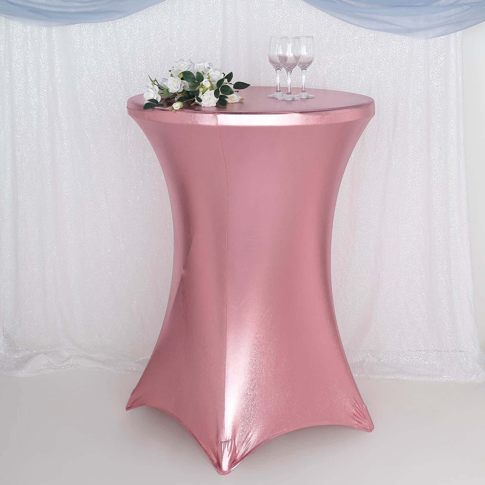 Metallic Spandex 32 Fitted Round Cocktail Table Cover Rose Gold Highboy Tablecloth - Stretch Fit & Water-Resistant