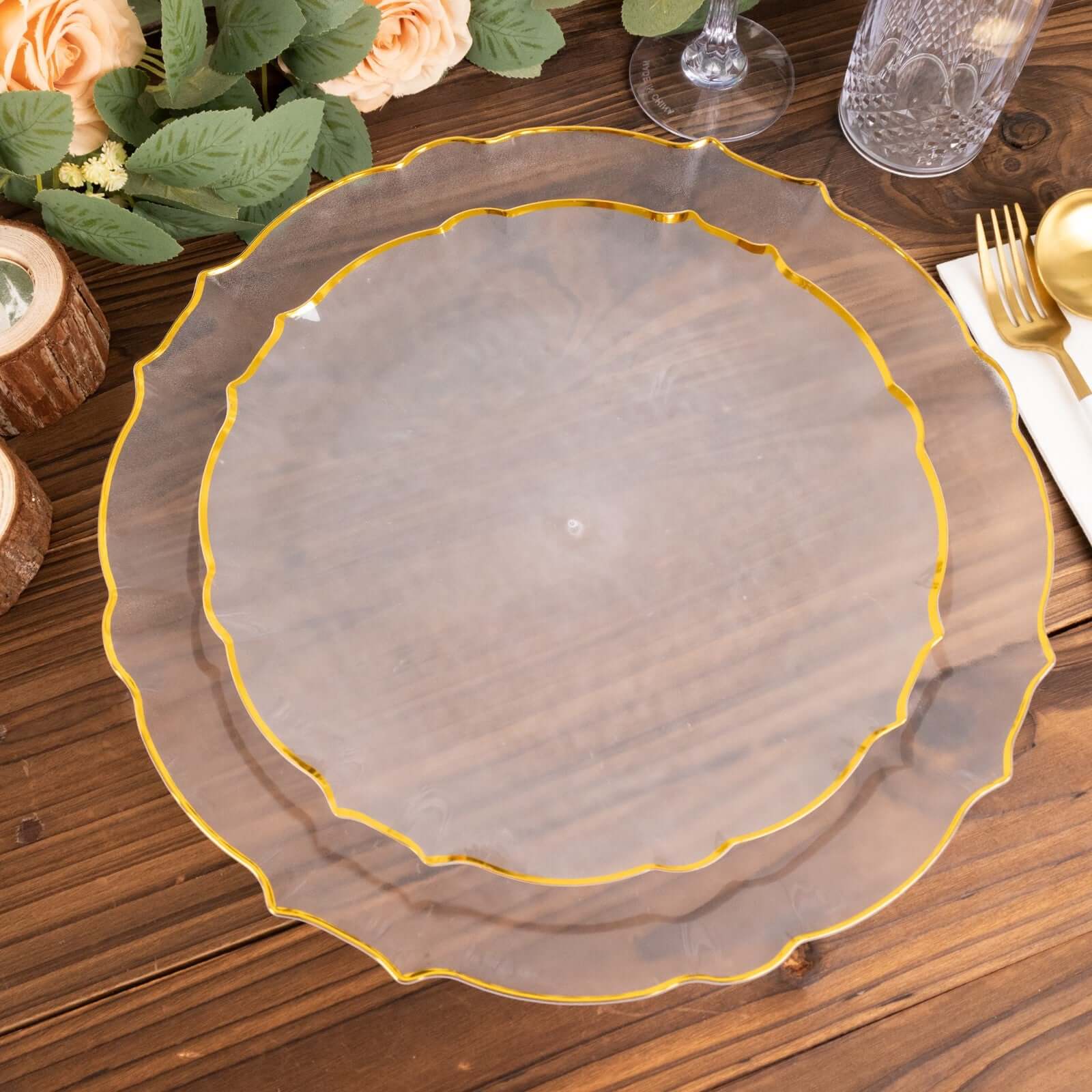 10-Pack Plastic 7 Round Dessert Appetizer Plates in Clear Sunflower with Gold Scalloped Rim - Disposable Salad Plates for Classy Events & Banquets