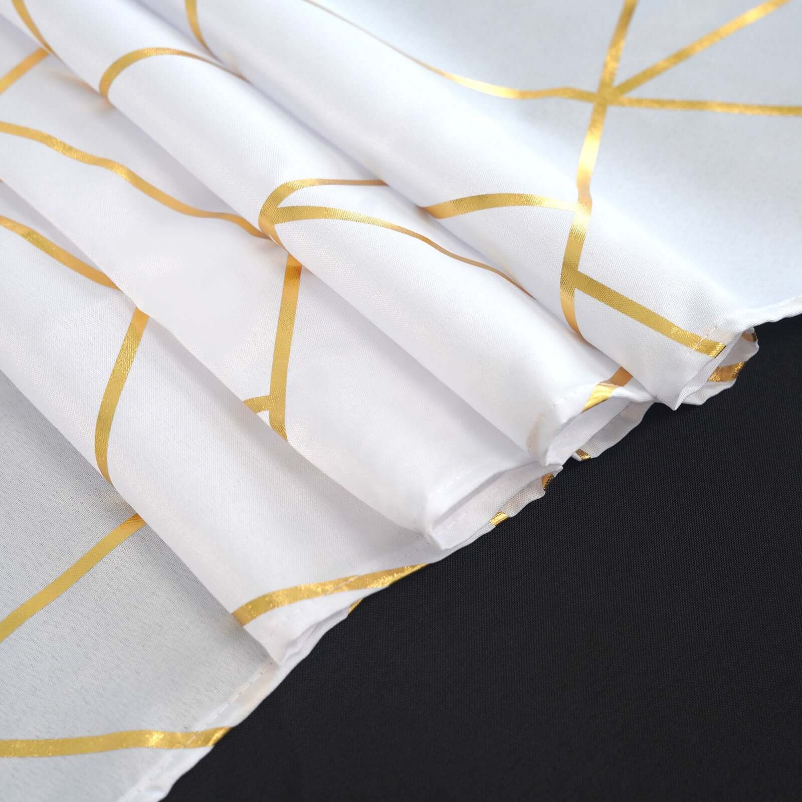 Polyester 54x54 Table Overlay Square Tablecloth White with Gold Foil Geometric Pattern - Wrinkle-Resistant & Durable for Stylish Settings