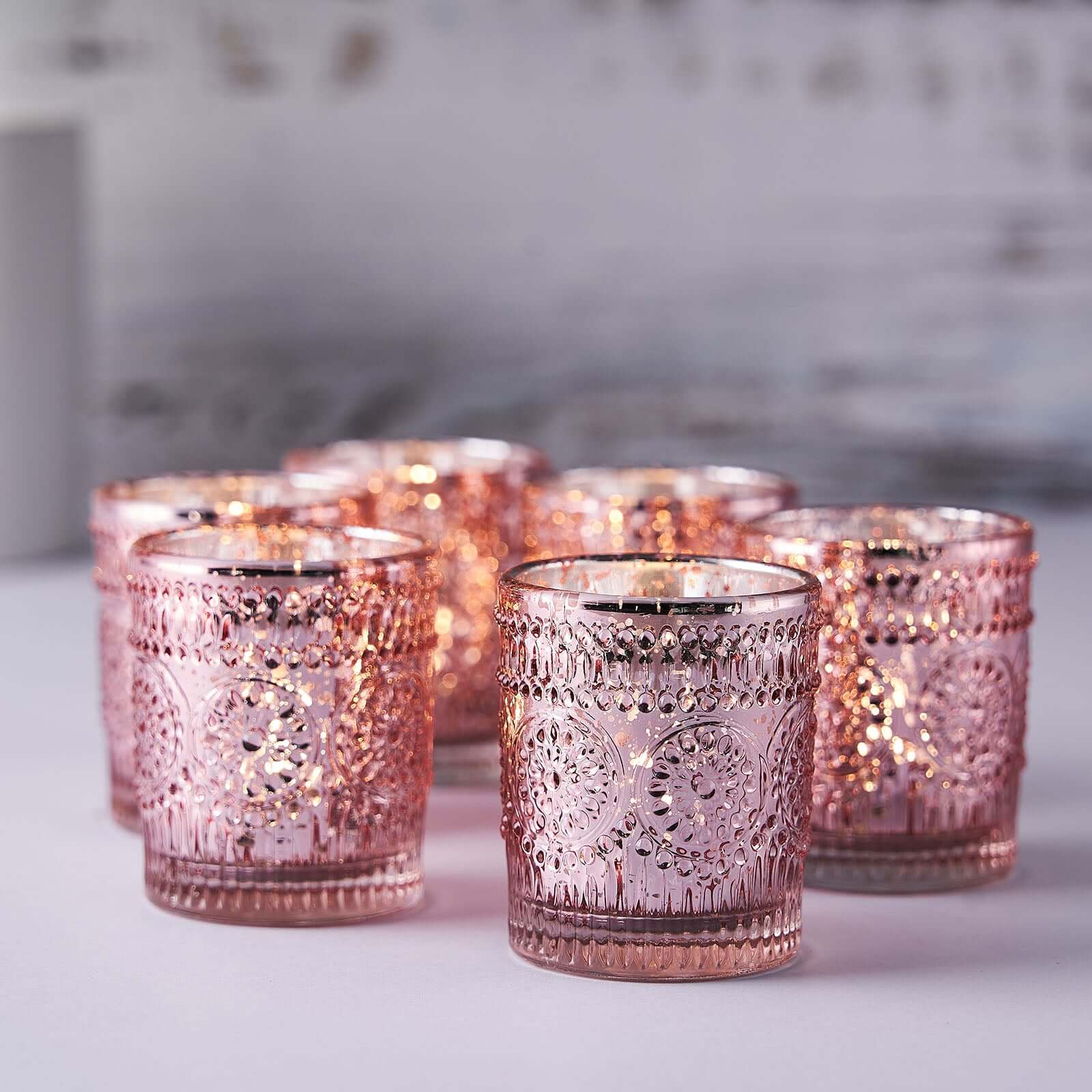 6-Pack Mercury Glass Candle Holders Rose Gold Primrose Design - Votive Tealight Holders for Weddings