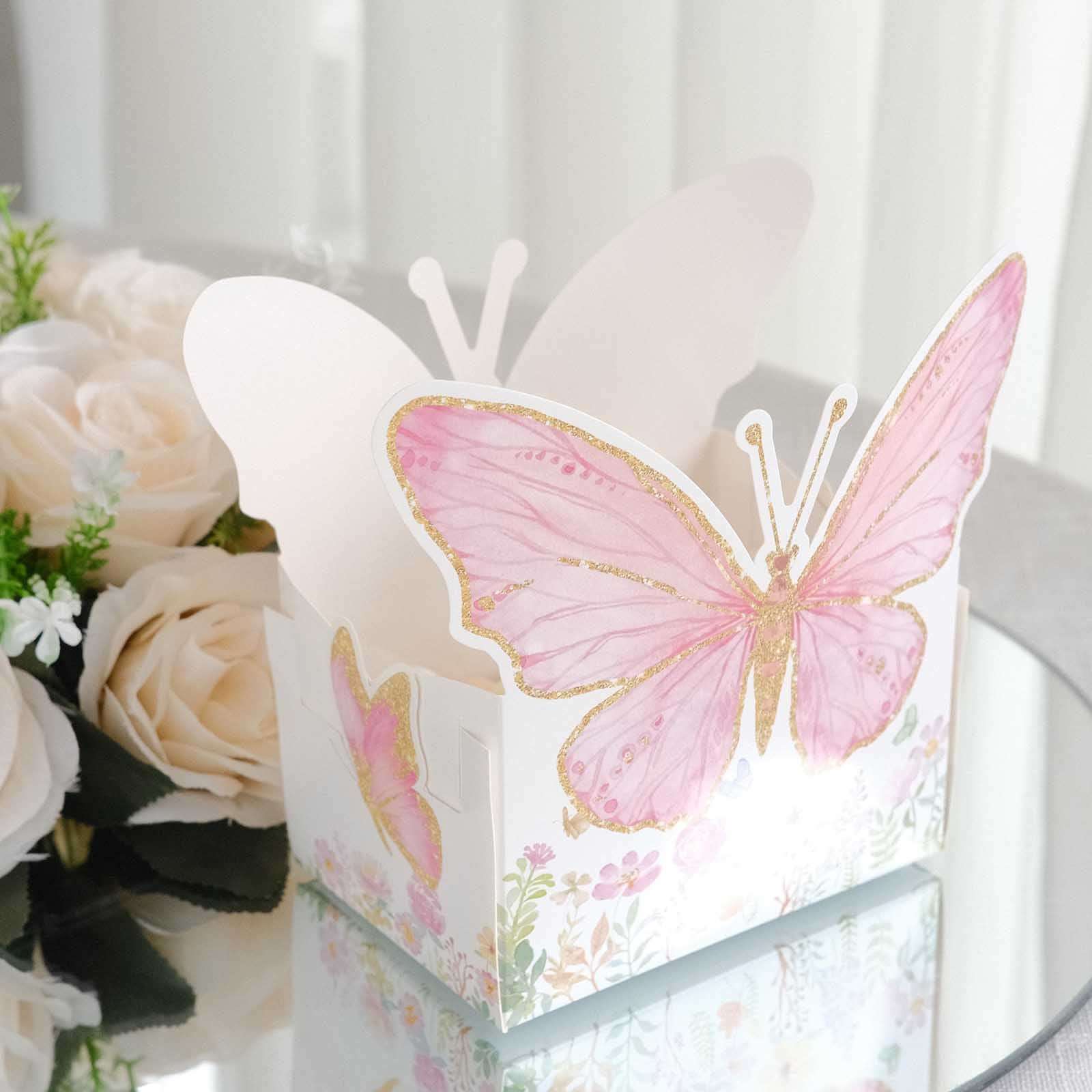 25-Pack Disposable Food Trays White/Pink Glitter Butterfly Design Cardstock - Whimsical Disposable Serving Tray Food Boats for Girls Birthday Baby Shower Party Supplies 6x7