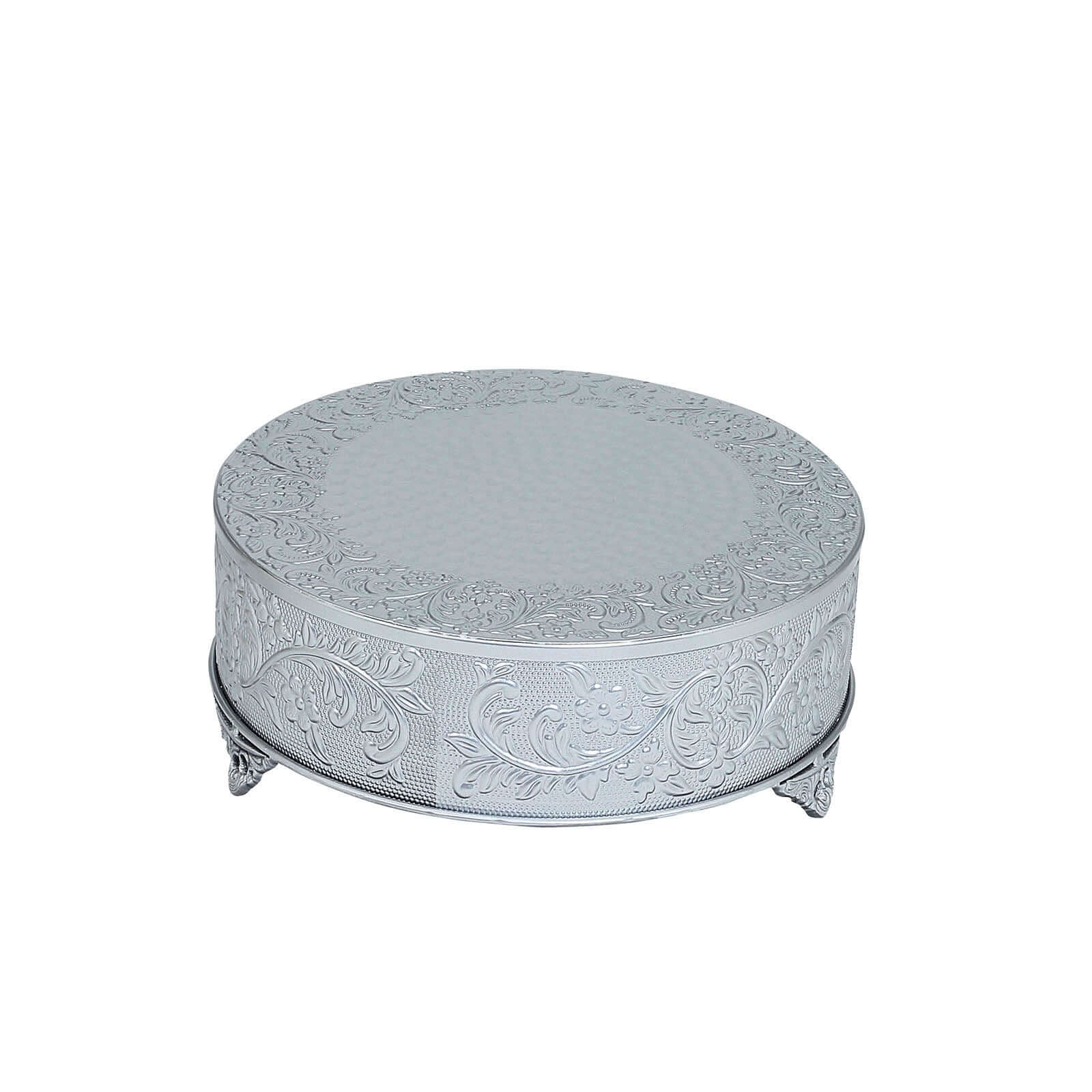 Metal 14 Round Cake Pedestal Stand Matte Silver - Cupcake Dessert Display Riser with Intricate Embossed Design for Upscale Events & Gatherings