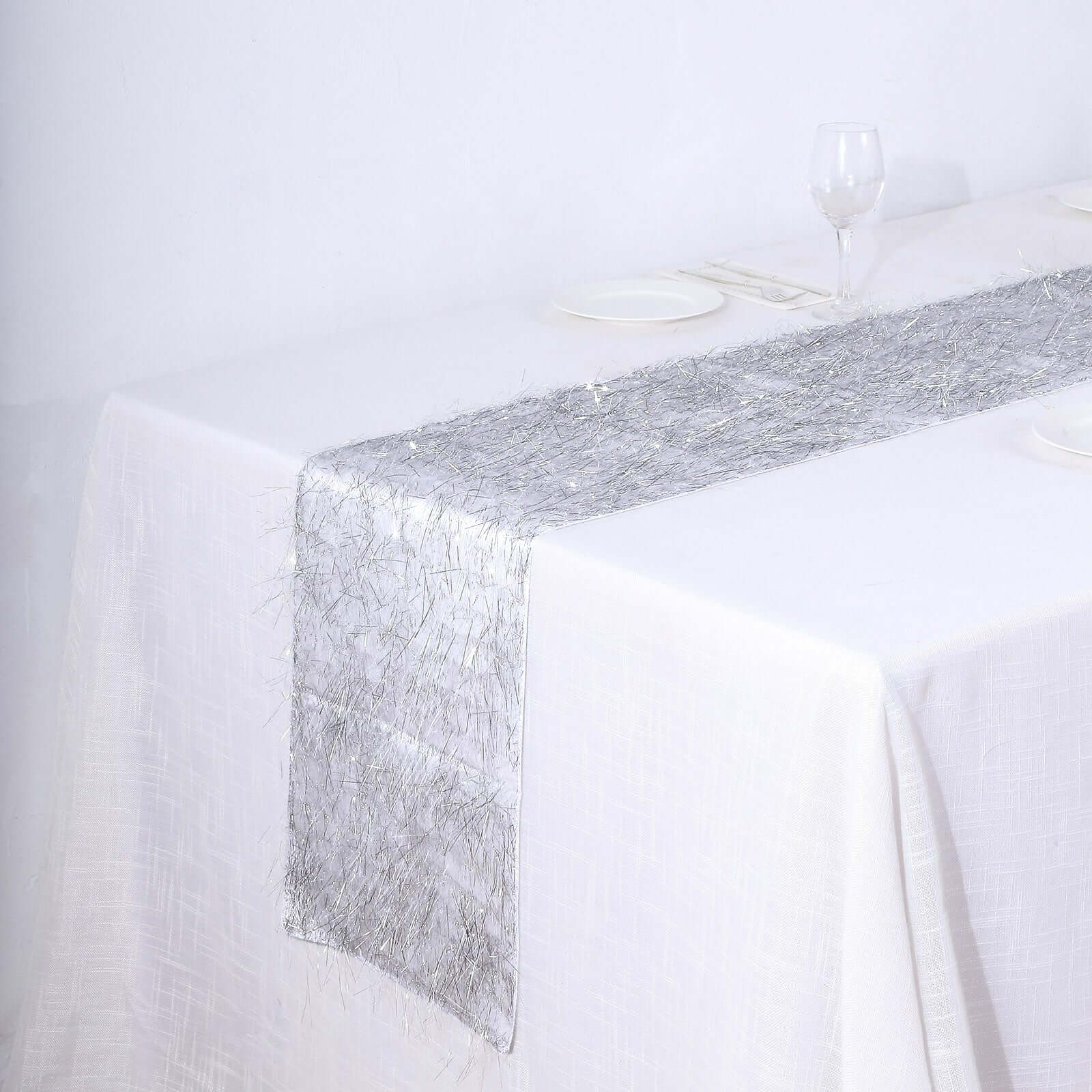 Metallic Tinsel Polyester 12x108 Table Runner Silver - Shimmery Fringe Shag Table Decor