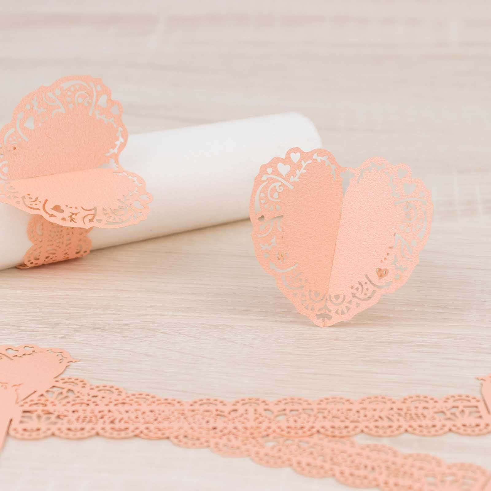 12 Pack Blush Shimmery Laser Cut Heart Paper Napkin Holders with Lace Pattern, Disposable Napkin Rings Bands