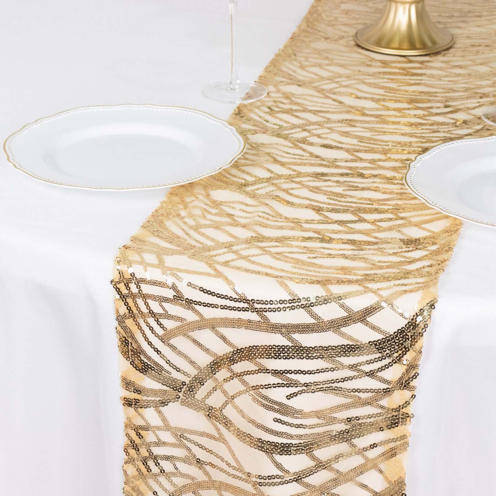 Sequin Mesh 12x108 Table Runner Champagne Stylish Wave Embroidery