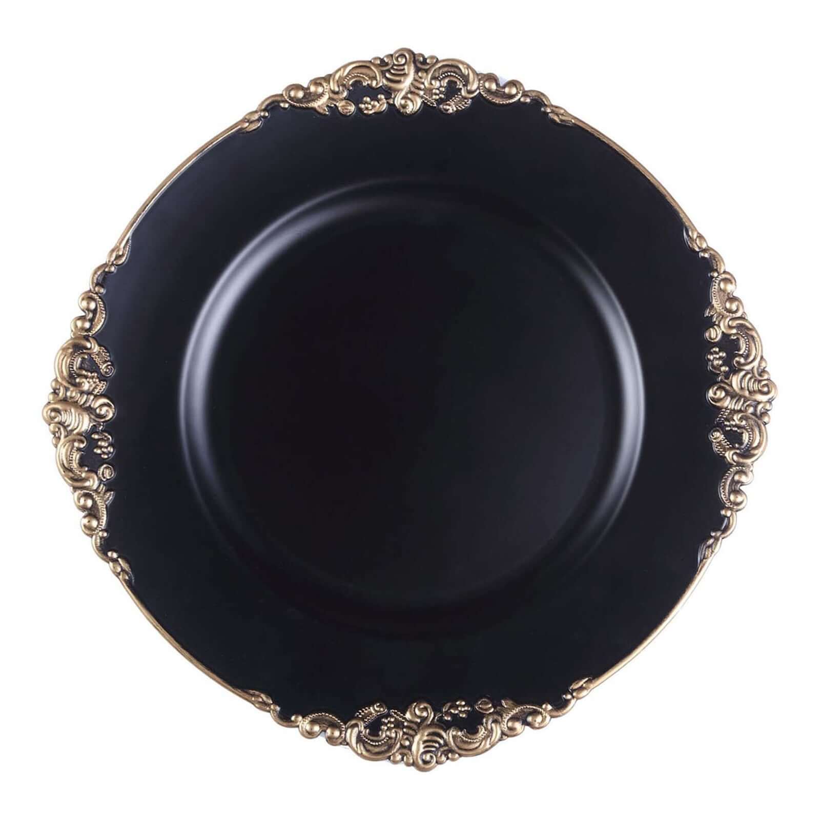 6-Pack Acrylic Round Charger Plates 13 in Matte Black with Gold Embossed Baroque Rim, Antique Decorative Dinner Party Charger Tableware