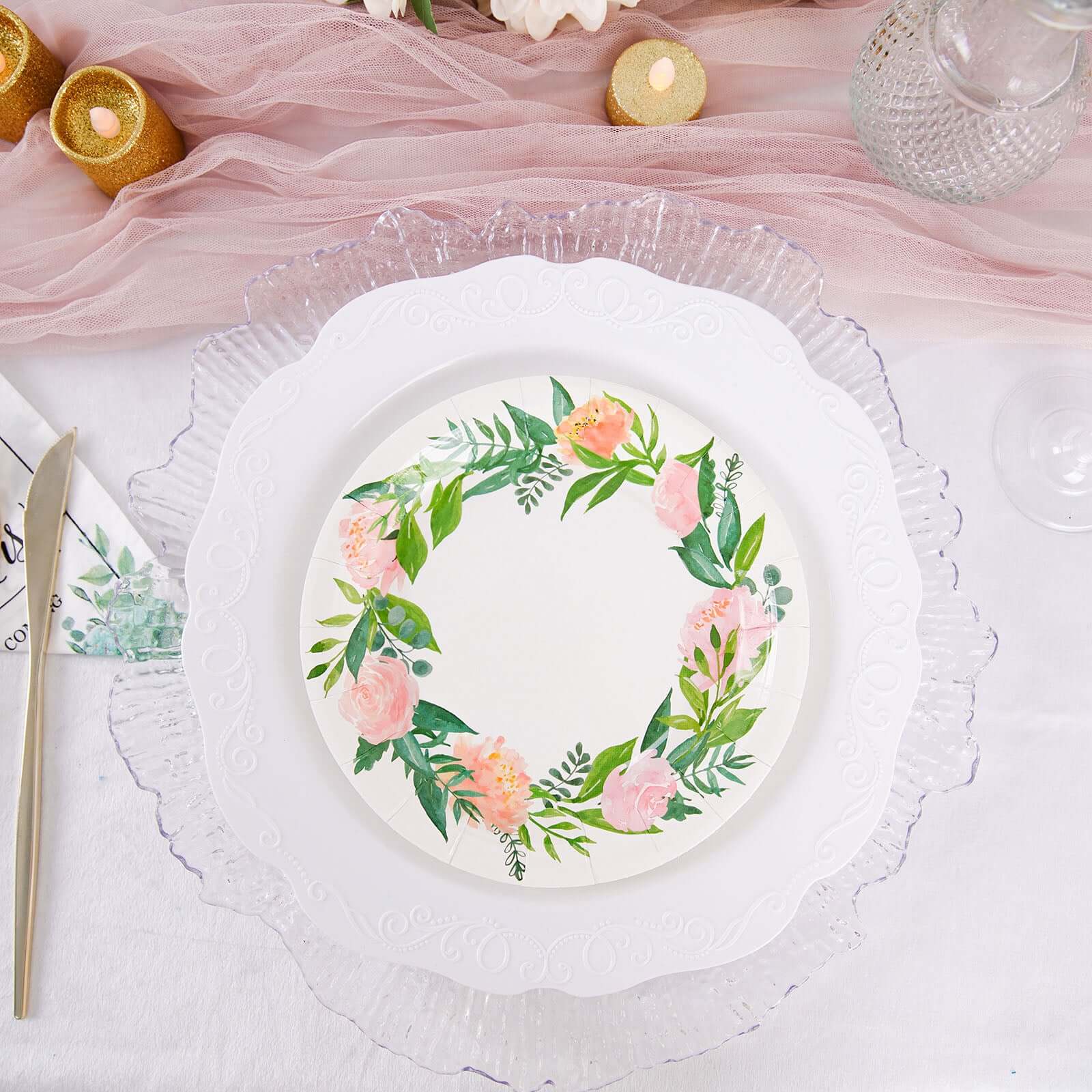 25-Pack Paper 7 Round Dessert Plates in White with Rose/Peony Flower Wreath - Disposable Appetizer Salad Plates for Special Occasions & Gatherings