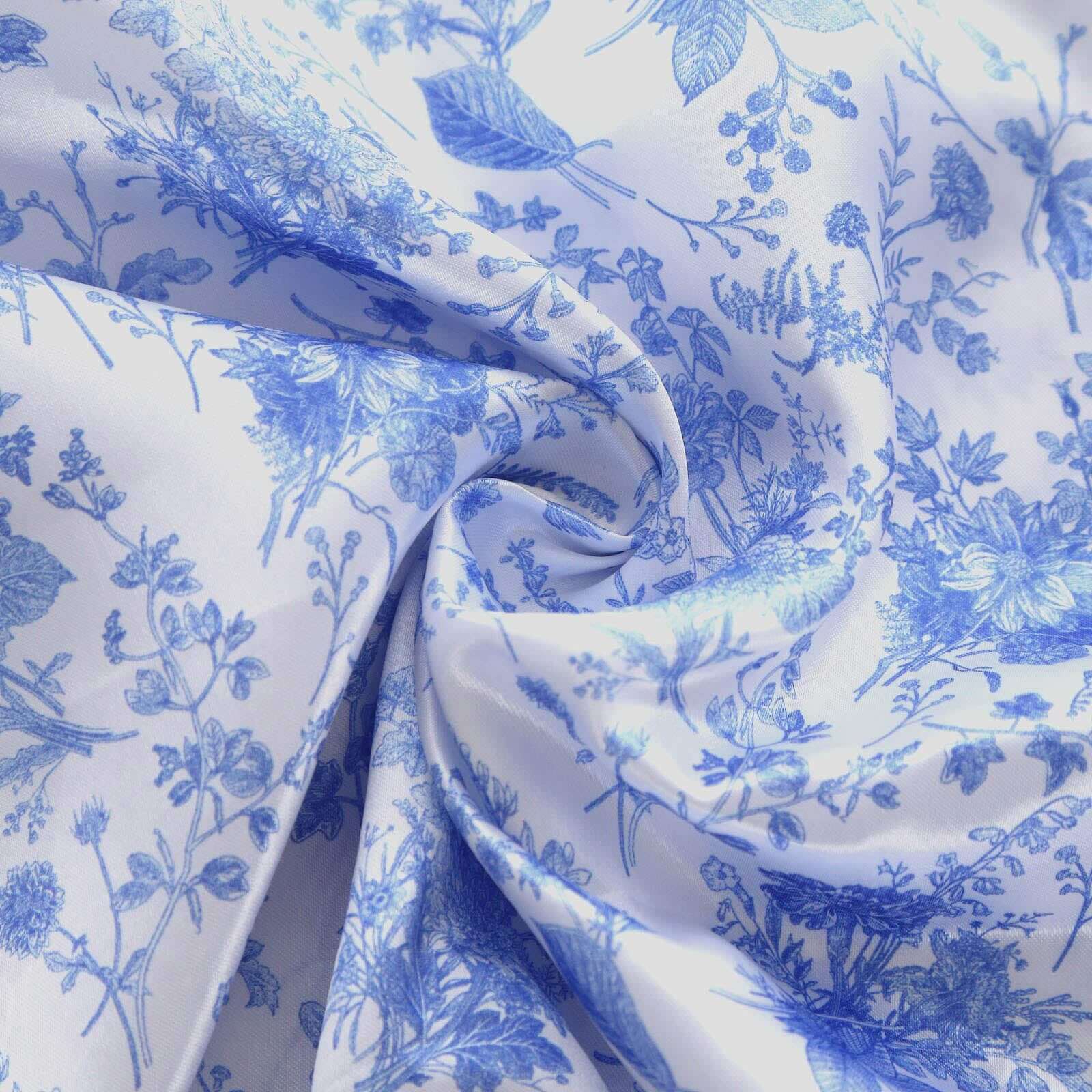 Satin Round 120 Tablecloth White/Blue French Toile Design - Seamless Stylish & Wrinkle-Resistant Table Cover