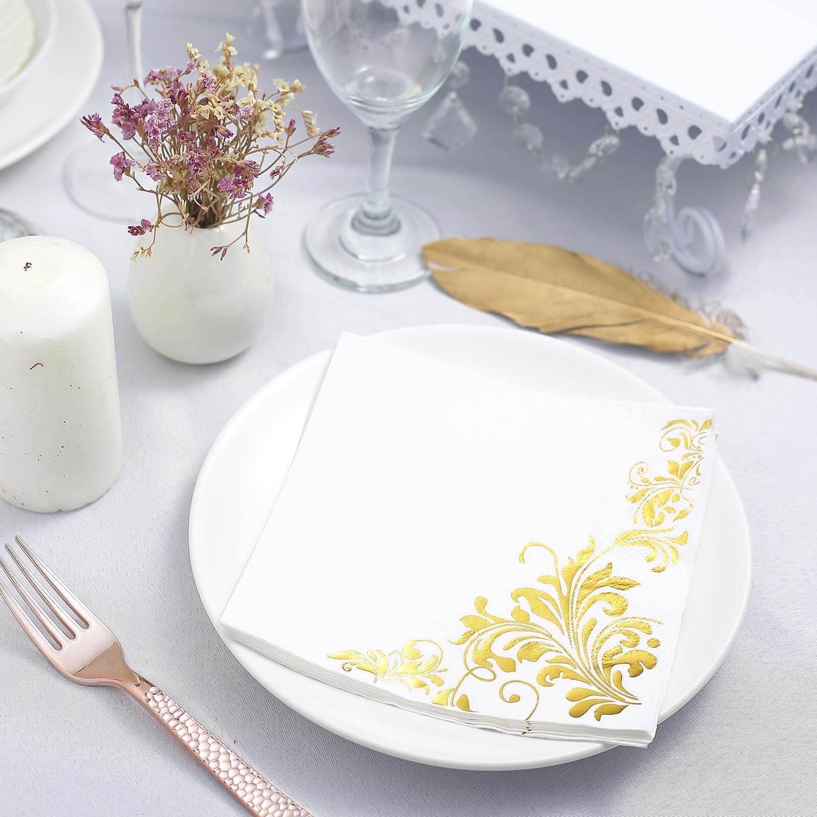 20-Pack Paper Dinner Napkins with Floral Design Metallic Gold - Disposable 3 Ply Cocktail Napkins for Weddings