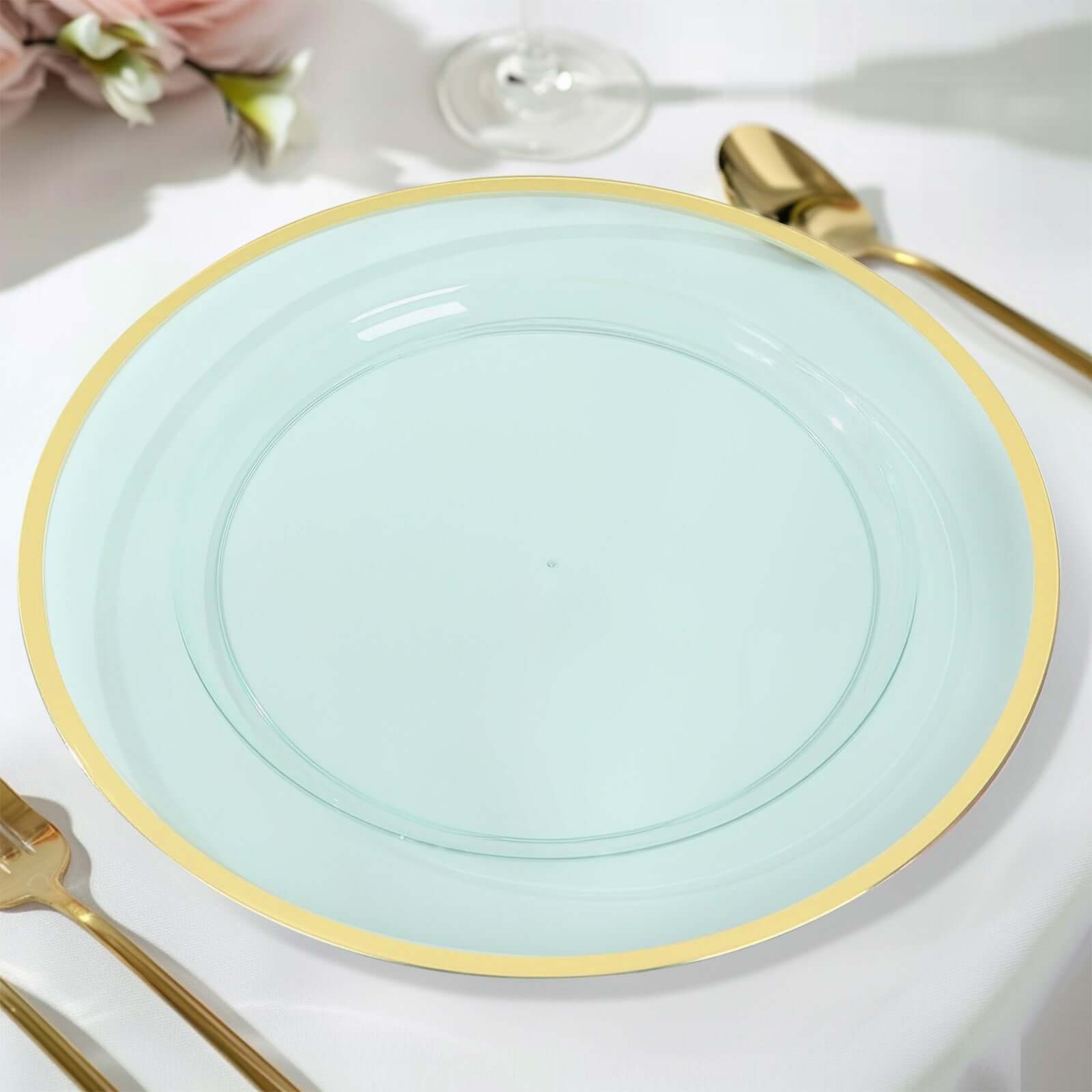 10-Pack Economy Plastic Round Charger Plates 12 in Transparent Blue with Wide Gold Rim, Decorative Dinner Party Serving Plates