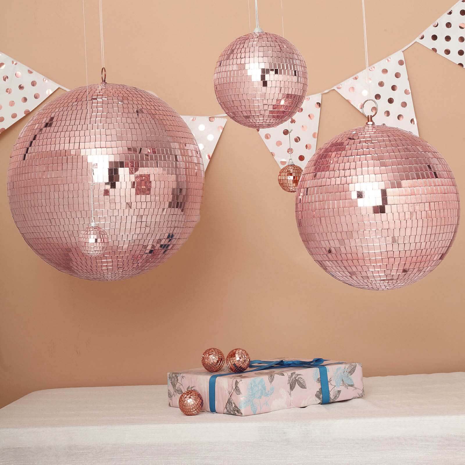 4 Pack 6 Rose Gold Foam Disco Mirror Ball With Hanging Strings, Holiday Christmas Ornaments