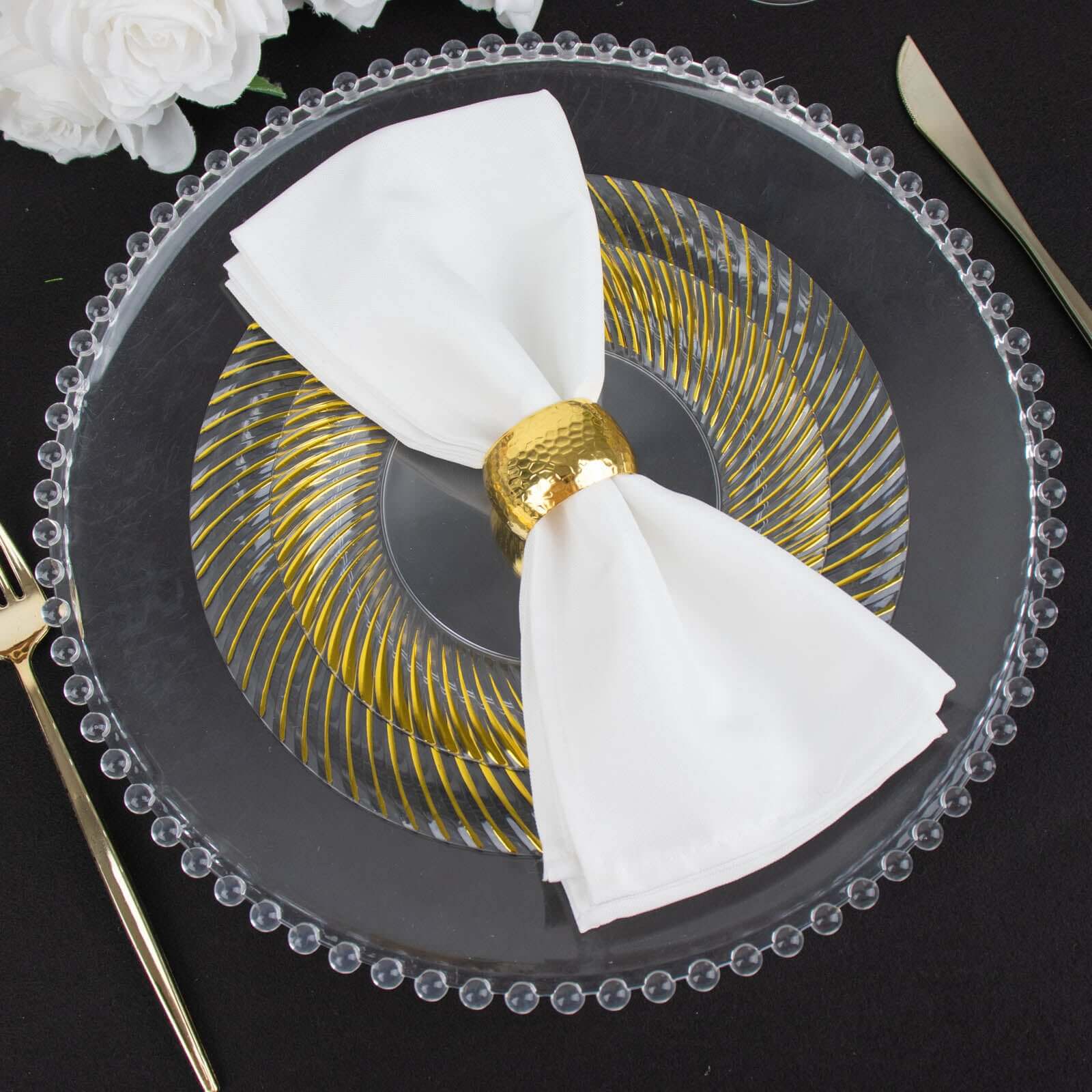 10-Pack Plastic 9 Round Dinner Plates Clear with Gold Swirl Rim - Disposable Party Plates for Classy Events & Banquets