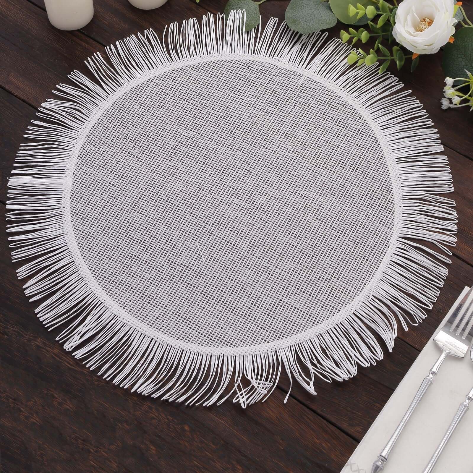 4-Pack Placemats Fringe Edge Design White Jute Round - Rustic Boho Chic Burlap Table Decor 16