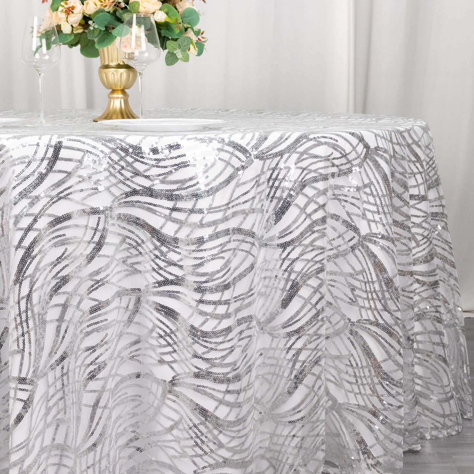 Sequin Mesh 120 Round Tablecloth Silver - Seamless Wave Embroidered Table Cover